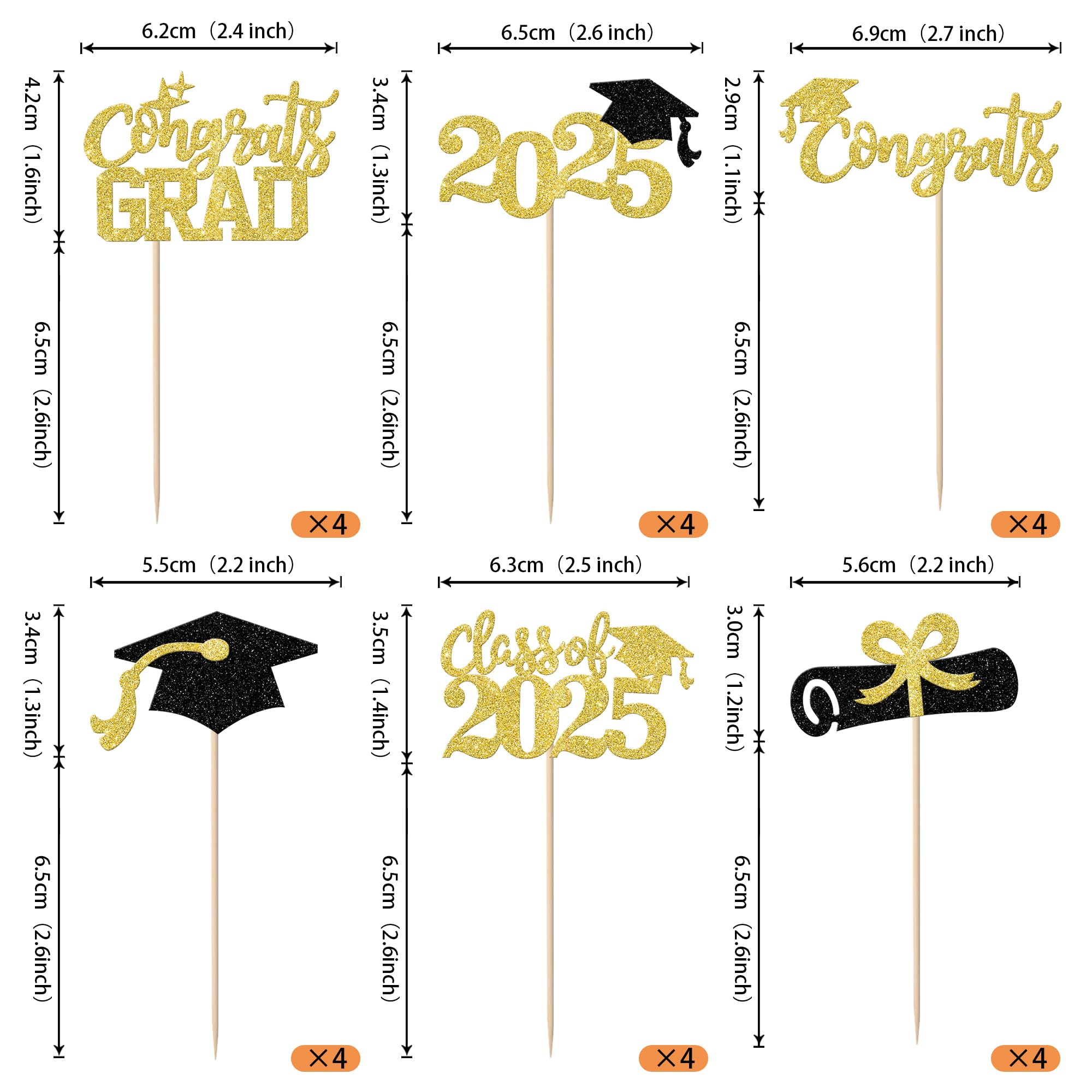 24 Pack 2025 Graduation Cupcake Toppers - Gold Glitter Congrats Grad Class of 2025 Cap & Diploma Cake Decorations - Perfect for Graduation Parties, School Celebrations & Dessert Table Decor