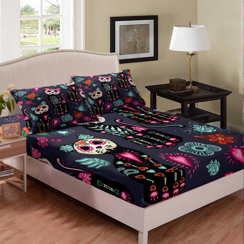 Queen Size Sugar Cat Skull Print 3-Piece Bed Sheet Set - Floral Animal Skull Duvet Cover with Deep Pocket Fitted Sheet & 2 Pillowcases | Gothic Boho Kids Room Decor for Teen Girls Bedroom