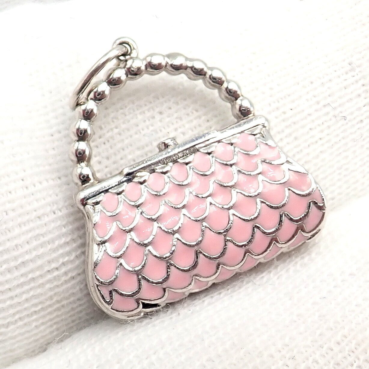 Tiffany & Co. Platinum Pink Enamel Diamond Handbag Charm Pendant - Elegant Jewelry Accessory for Luxury Bags & Purses