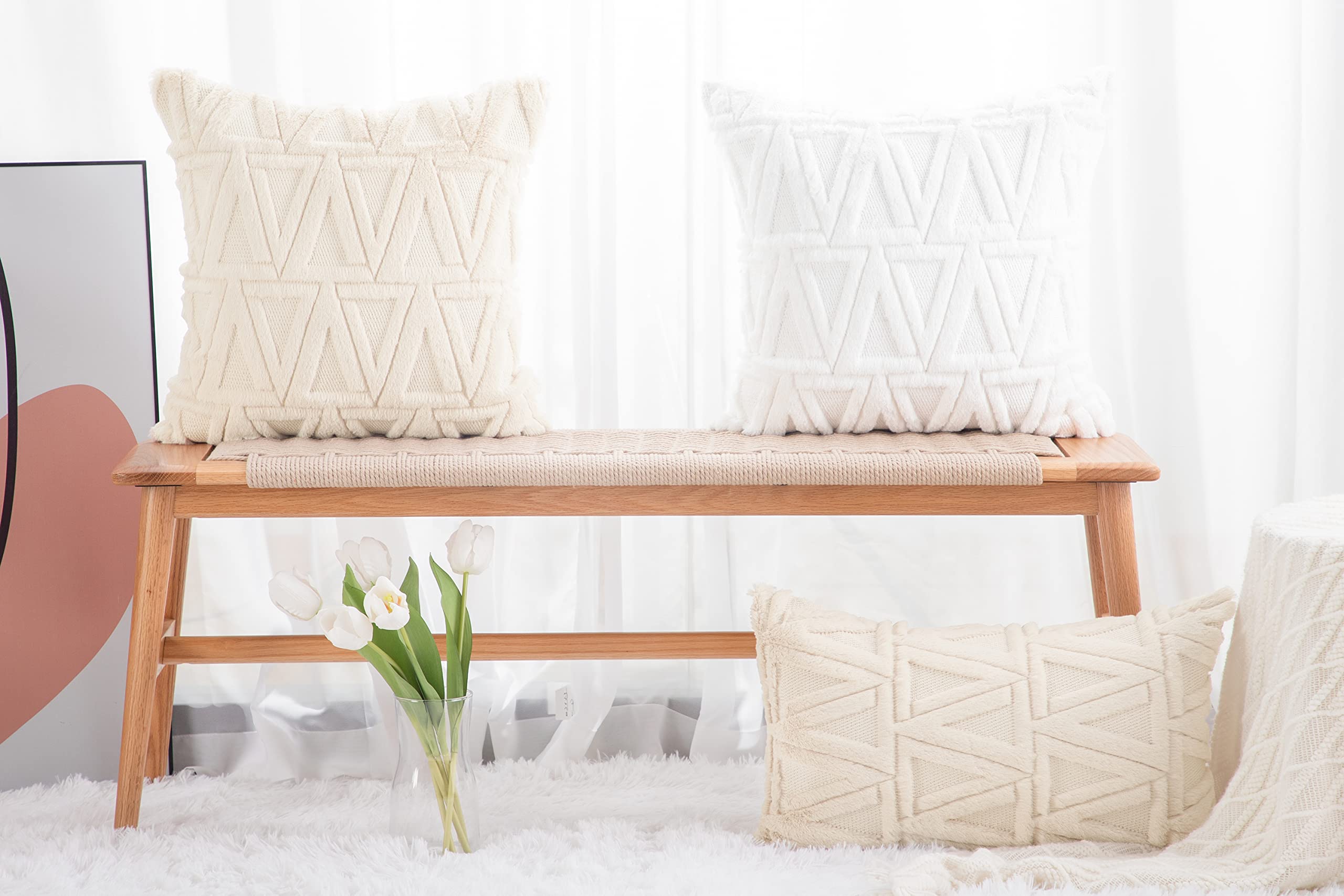 Soft Beige Plush Wool Throw Pillow Covers Set of 2 - Velvet Boho Decorative Pillowcases 20x20 Inch for Sofa, Bedroom & Living Room - Cozy Home Decor Accent