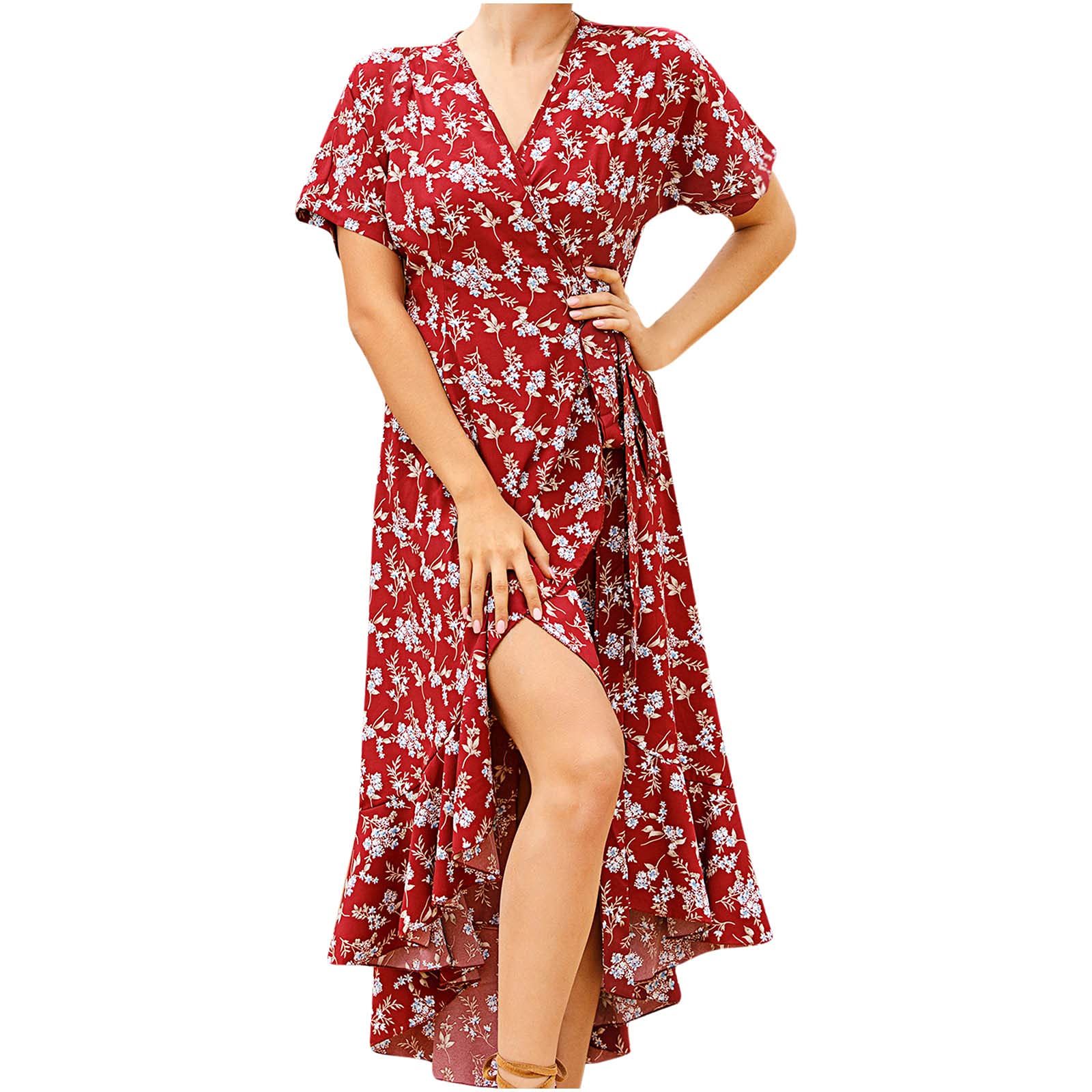 Women's Bohemian Wrap Dress - V Neck Short Sleeve Ethnic Maxi Dress with High Slit | Perfect for Beach Vacations, Summer Outings & Boho Fashion