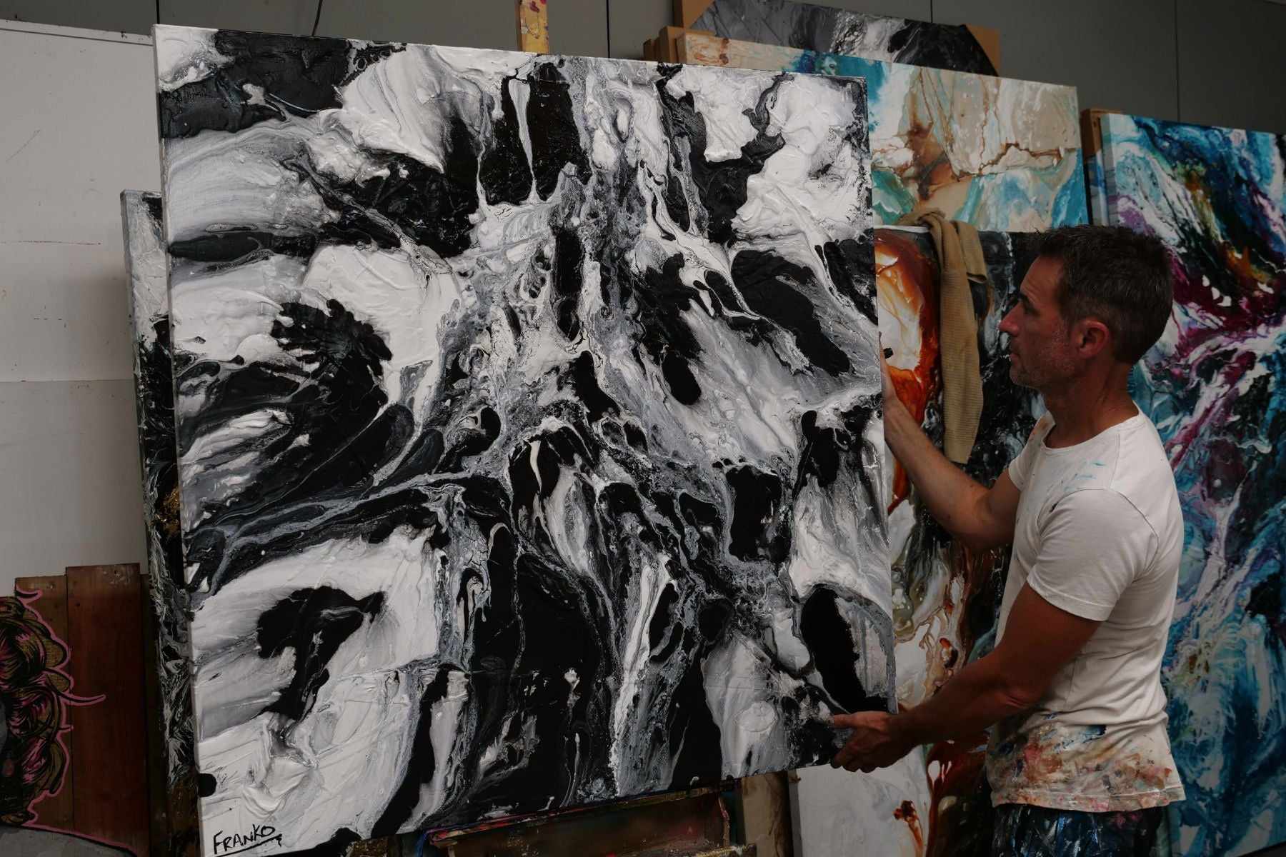 120cm x 120cm Black White Marbled Abstract Textured Canvas Wall Art - Modern Home Decor for Living Room, Bedroom & Office