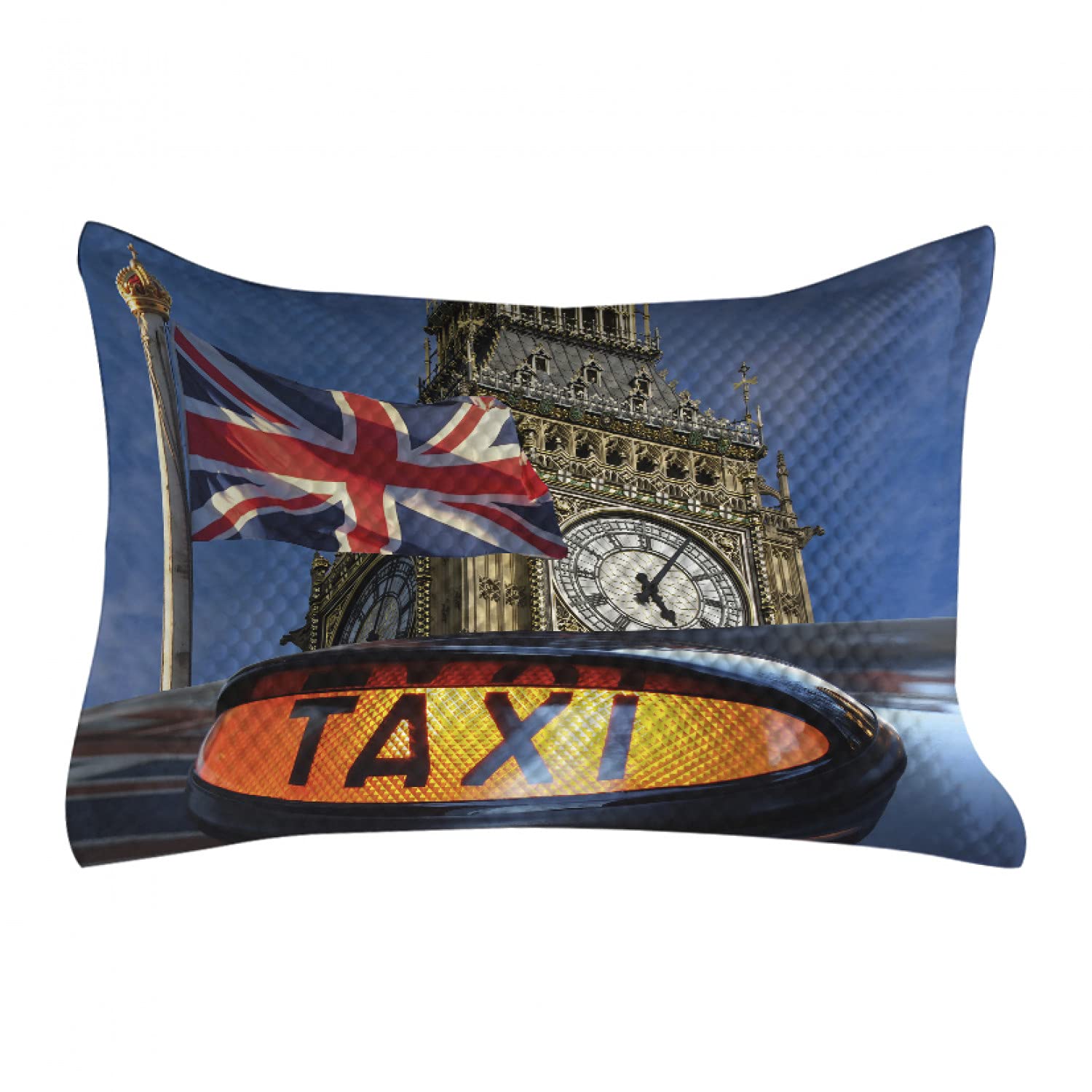 Ambesonne Union Jack Quilted Pillow Cover - British Flag Design with Big Ben & Taxi Cab - Modern Urban Decor - Standard Queen Size 30