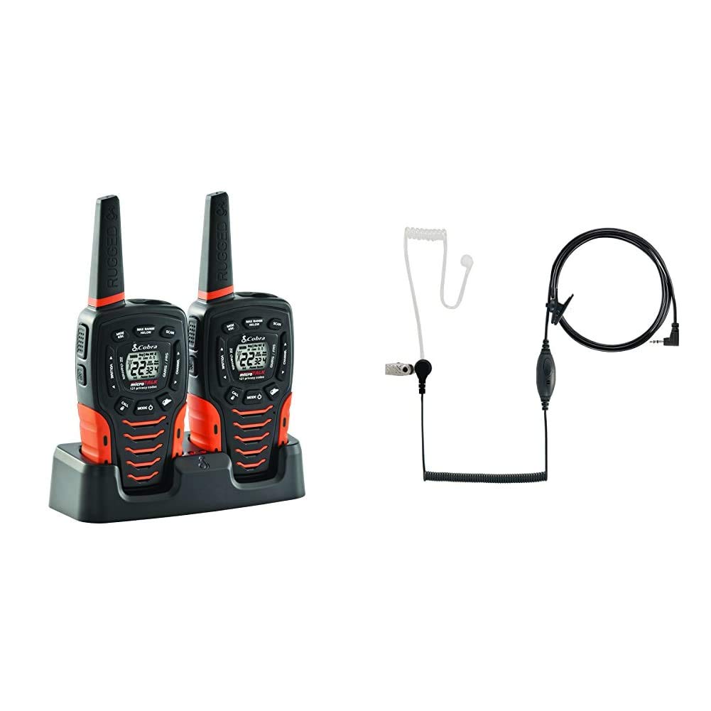 COBRA ACXT645 Waterproof Walkie Talkies - 35-Mile Long Range Rechargeable Two Way Radios with VOX, Surveillance Headset & 2-Pack (Black) - Ideal for Outdoor Adventures, Construction Sites & Emergency Communication