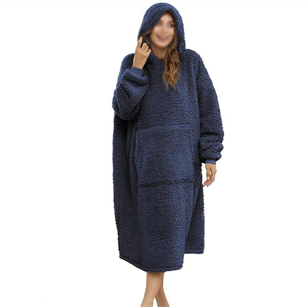 Soft & Warm Women's Hooded Nightgown - Winter Fleece Full Sleeve Sleepwear with Large Pockets | Cozy Homewear for Cold Nights (Color: Blue, One Size) | Perfect for Lounging, Sleeping & Winter Comfort at Home