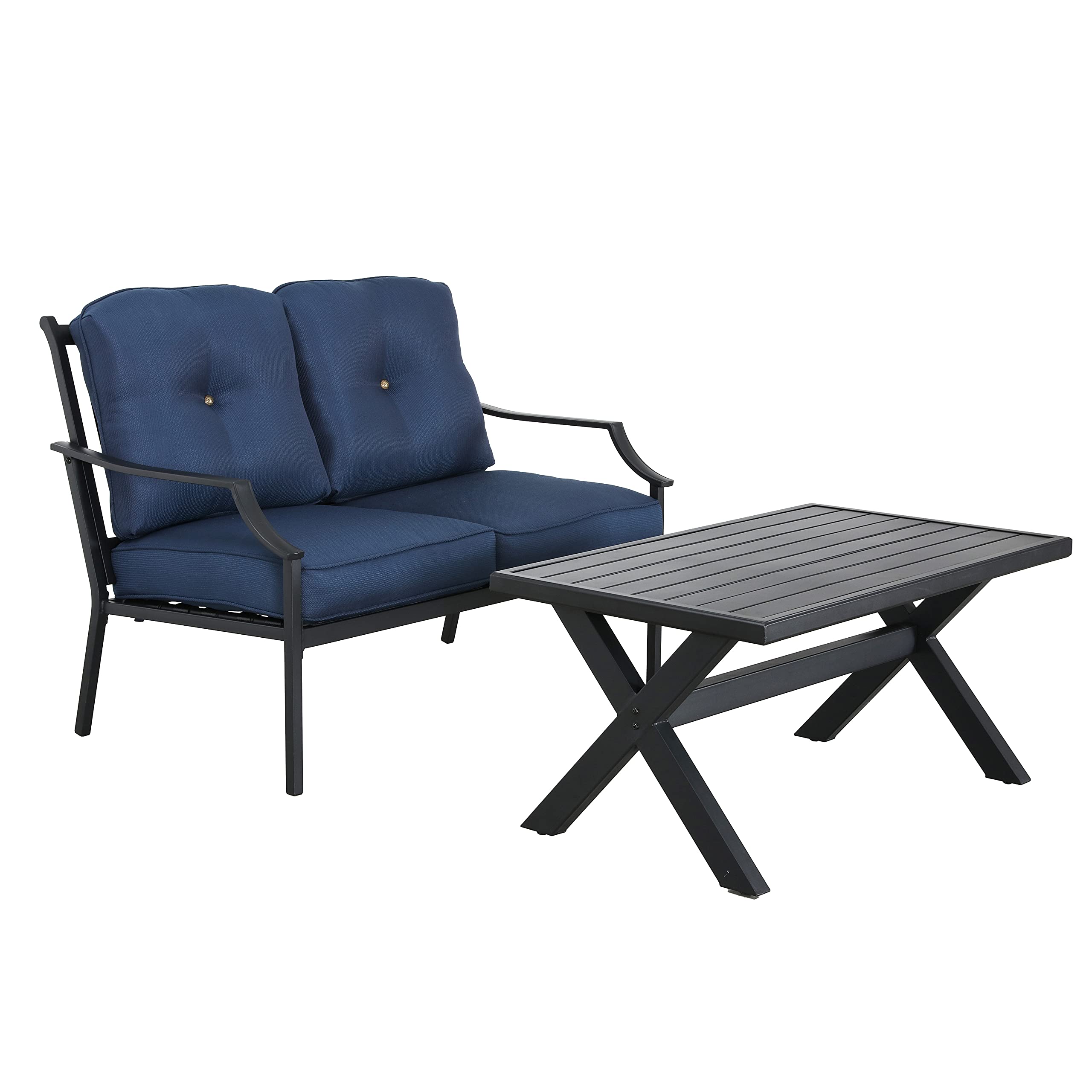 LOKATSE HOME 2-Piece Outdoor Patio Conversation Set - Metal Bench Sofa Loveseat with Cushions & Coffee Table in Blue - Perfect for Garden, Backyard, Poolside or Terrace Relaxation