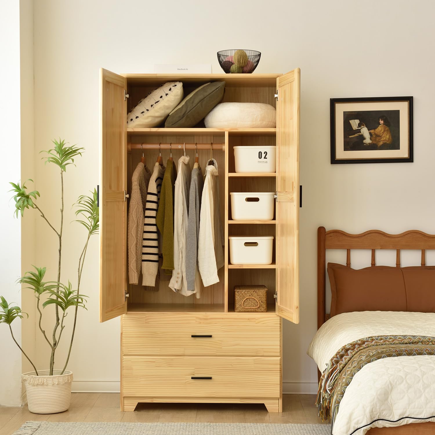 Solid Pine Wood Closet with Raised Doors & 2 Drawers - Natural Finish Wooden Wardrobe for Bedroom Storage & Organization | Perfect for Home, Apartment, Dorm Room Closet Space Saving Solution