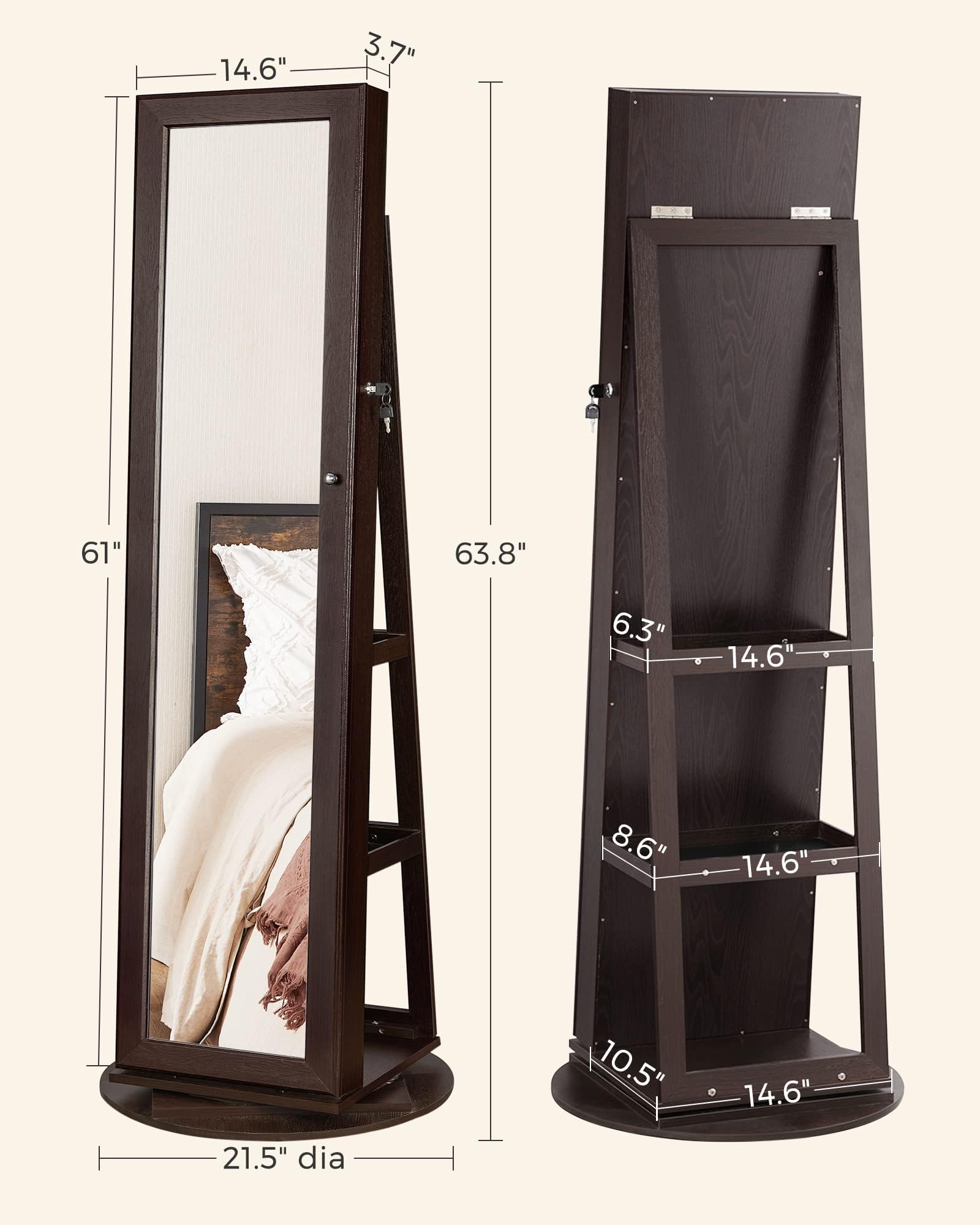 SONGMICS 360° Swivel Jewelry Cabinet with Lock - Full-Length Mirror Jewelry Organizer with Storage Shelves & Interior Mirror - Jewelry Armoire for Bedroom, Closet or Dressing Room - Brown UJJC006R01
