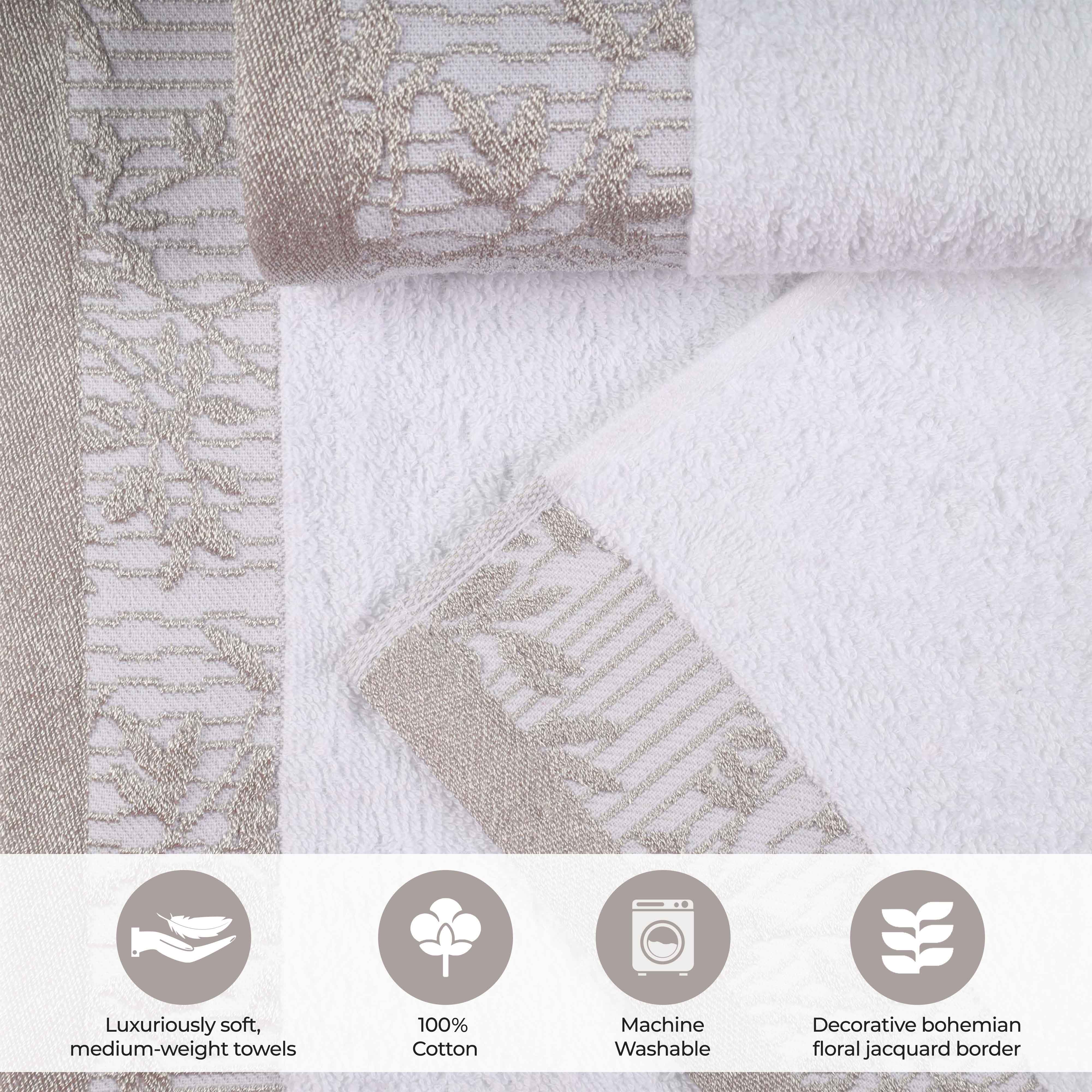 Premium Wisteria Cotton Floral Embroidered Jacquard Border Bath Towel Set of 2 - Soft Absorbent Luxury Towels for Spa, Bathroom & Guest Use