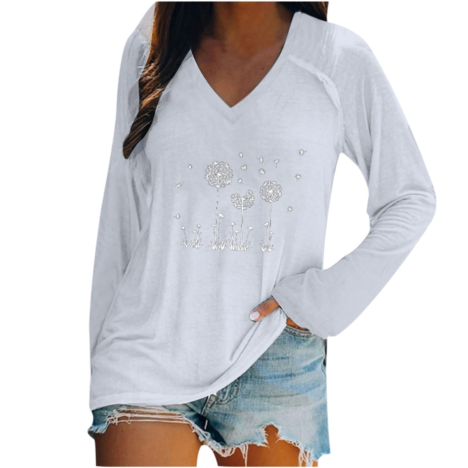 Women's Lightweight Long Sleeve V-Neck T-Shirt - Dandelion Print Casual Loose Fit Blouse for Fall | Perfect for Everyday Wear, Office Outfits & Weekend Relaxation