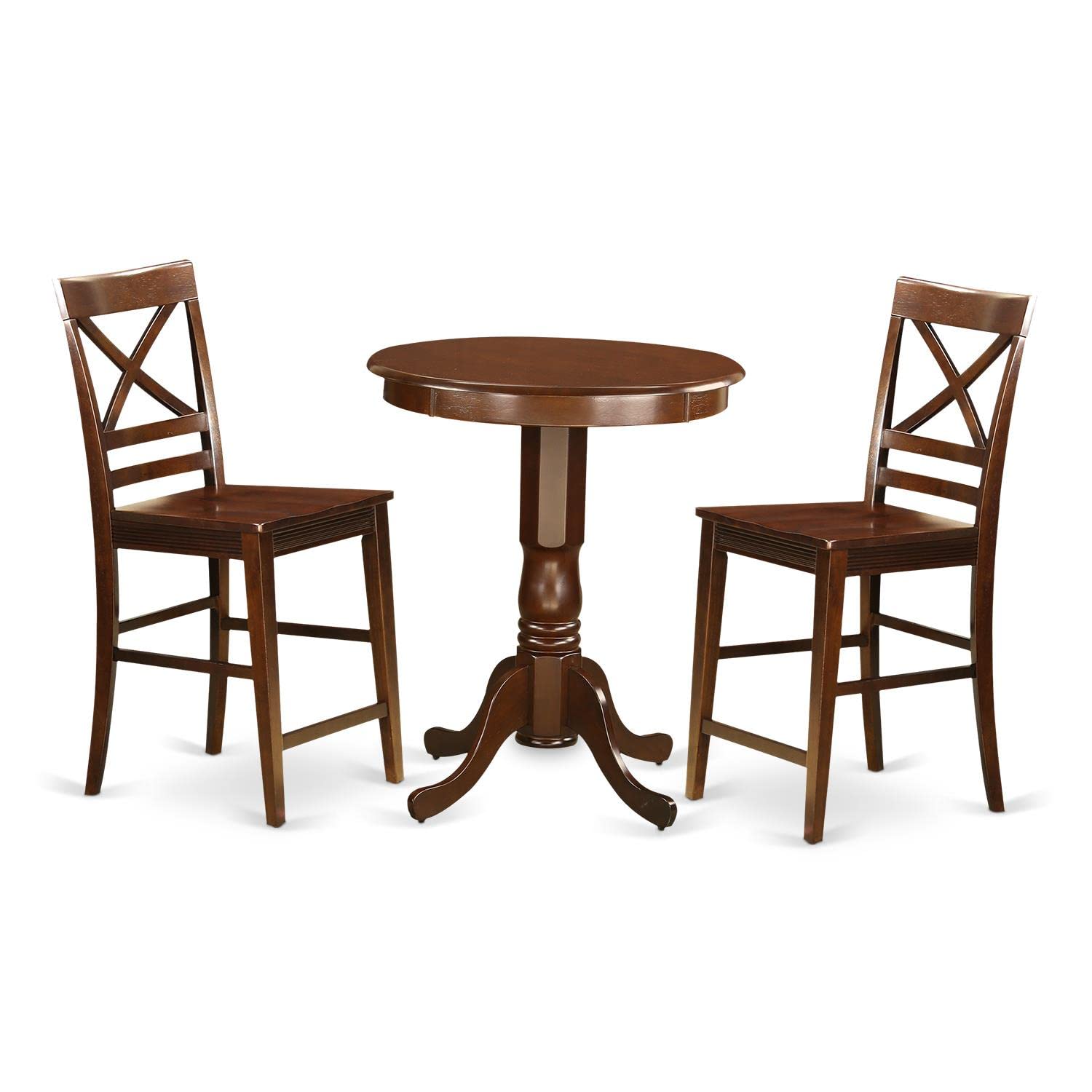 East West Furniture EDQU3-MAH-W 3-Piece Counter Height Dining Set - Round Pedestal Table with 2 Wooden Chairs for Small Spaces, 30x30 Inch, Mahogany - Perfect for Breakfast Nooks, Kitchen Islands & Compact Apartments