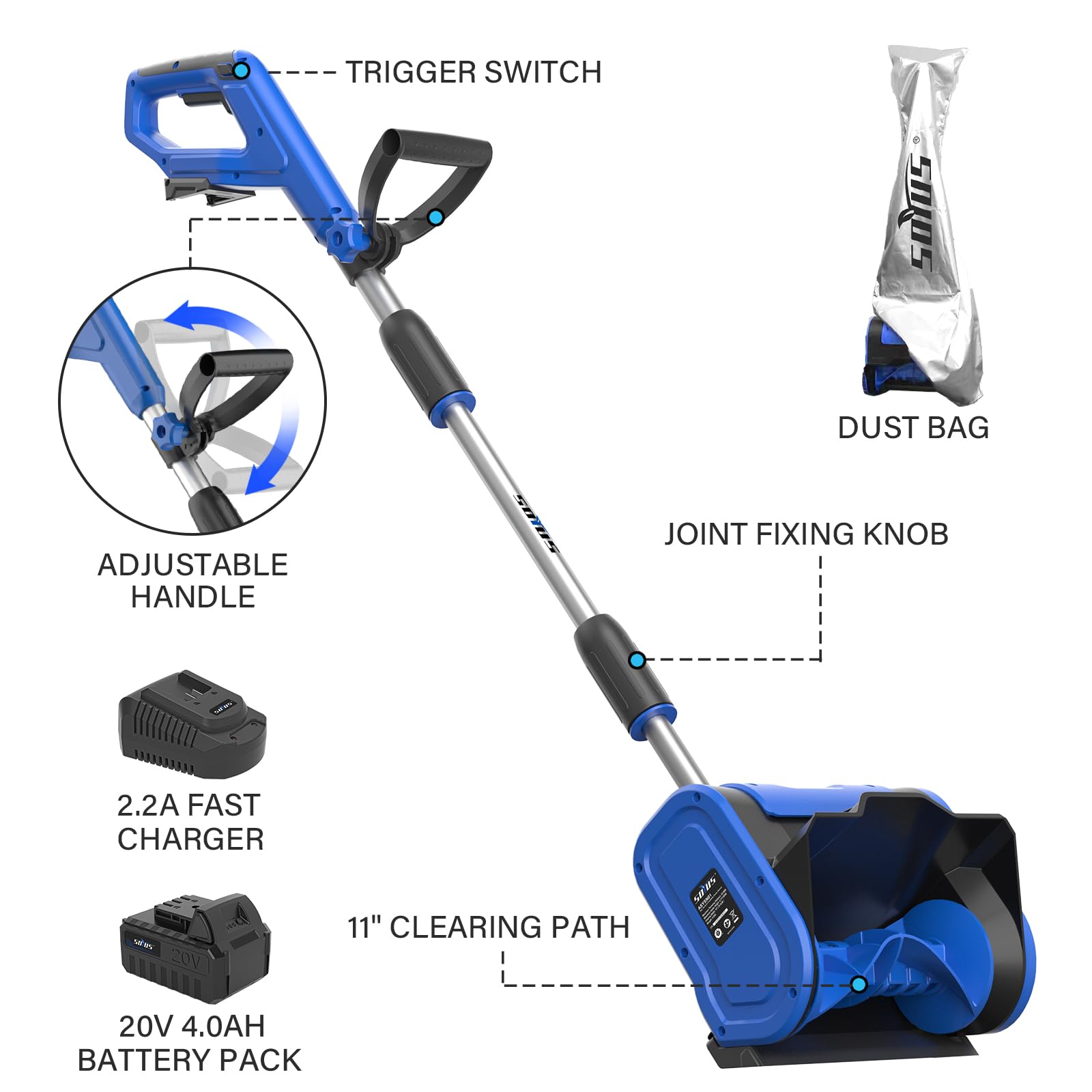 20V Cordless Electric Snow Shovel with Adjustable Handle - 11-Inch Wide Snow Blower, Includes 4.0Ah Battery & Fast Charger - Perfect for Driveways, Sidewalks & Small Areas (Dust Bag Included)