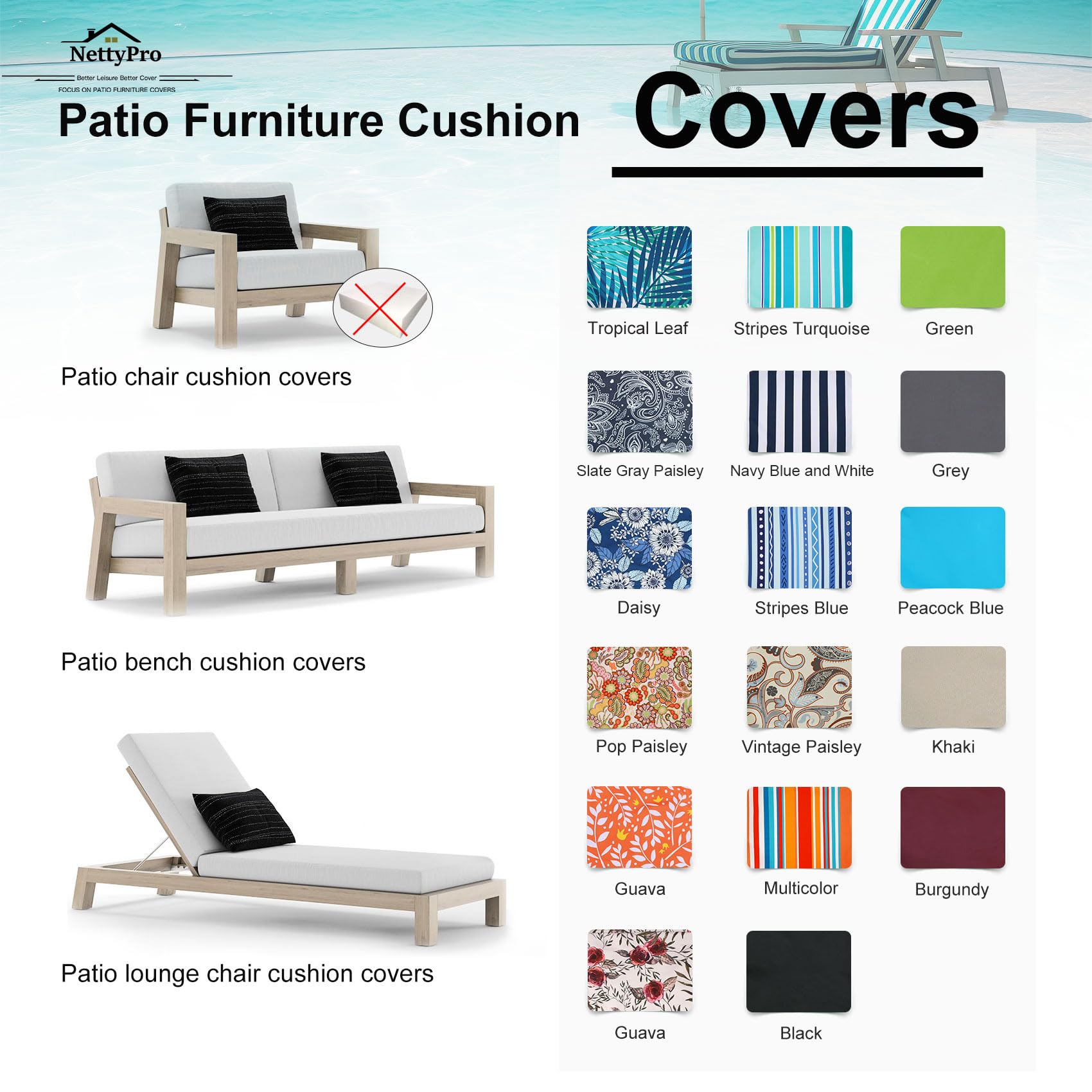 NettyPro 22x20x4 Inch Waterproof UV-Resistant Outdoor Patio Cushion Covers with Zipper & Tie - Replacement Slipcovers for Chair Seats - Perfect for Deck, Garden & Poolside Furniture Protection