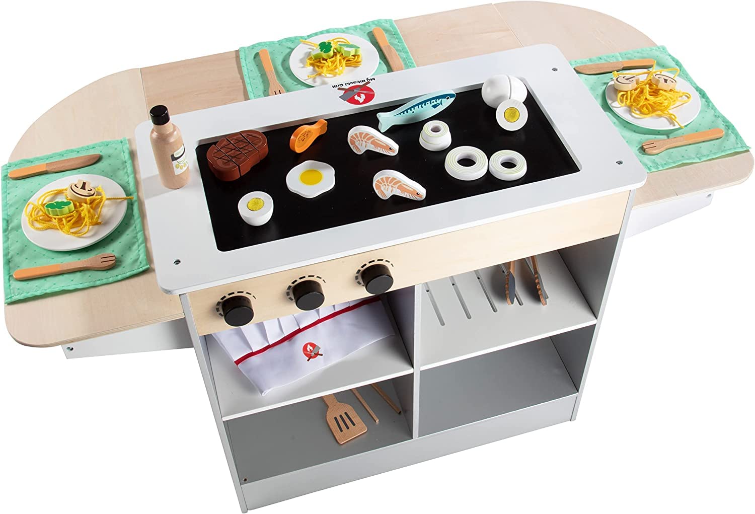 **Premium Hibachi Grill Wooden Kids Playset with Stools, Table Settings & 25+ Toy Food Pieces - Noodles, Tongs, Meats, Veggies - Complete Pretend Play Kitchen for Little Chefs - Indoor Japanese Restaurant Stand for Imaginative Play & Role-Playing Fun**