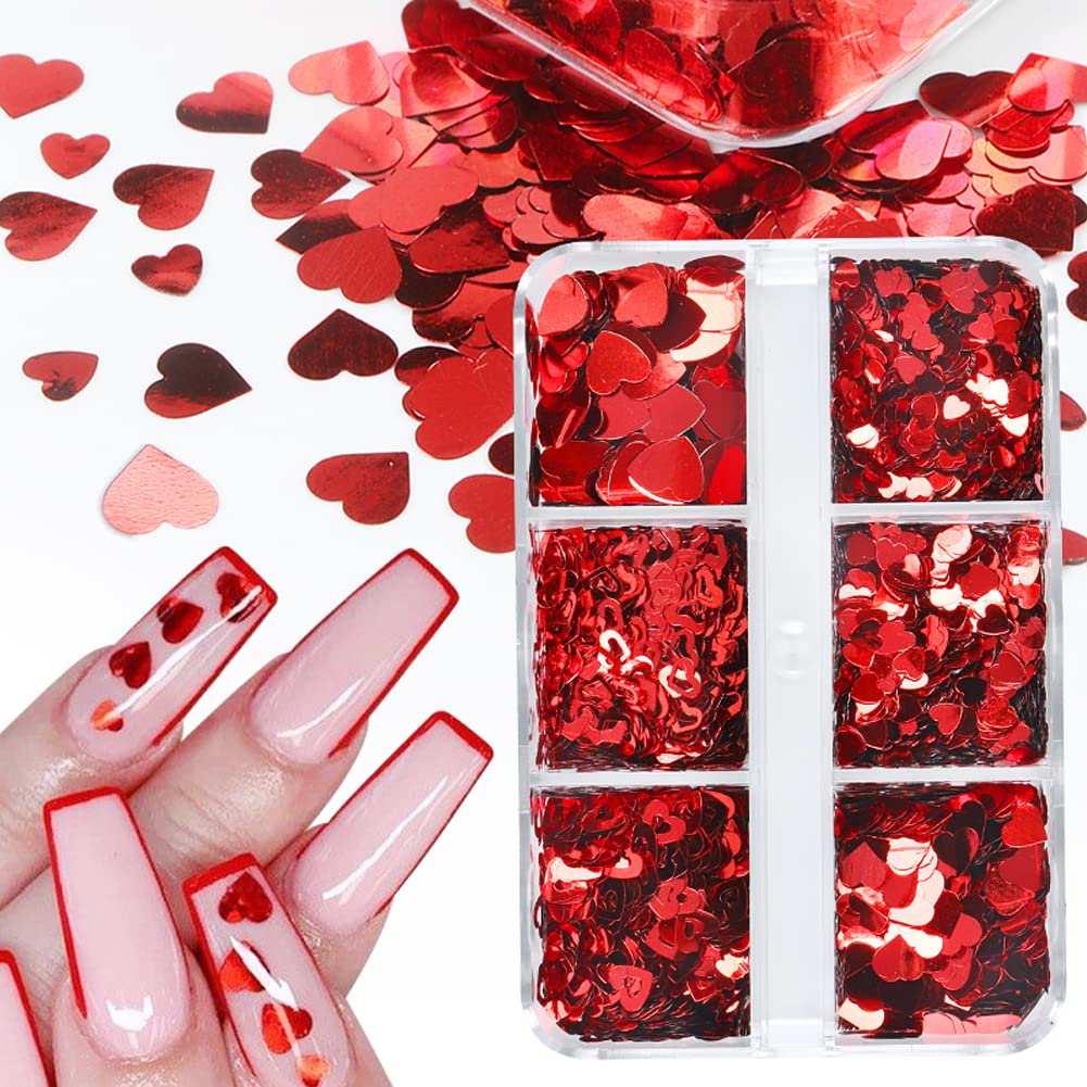 3D Heart Nail Sequins - 6 Grids Valentine's Day Nail Art Stickers, Laser Cut Heart Glitter Flakes for Acrylic Nails Design, Romantic Nail Decorations (Perfect for Valentine's Day, Wedding, Party & Special Occasion Nail Art)