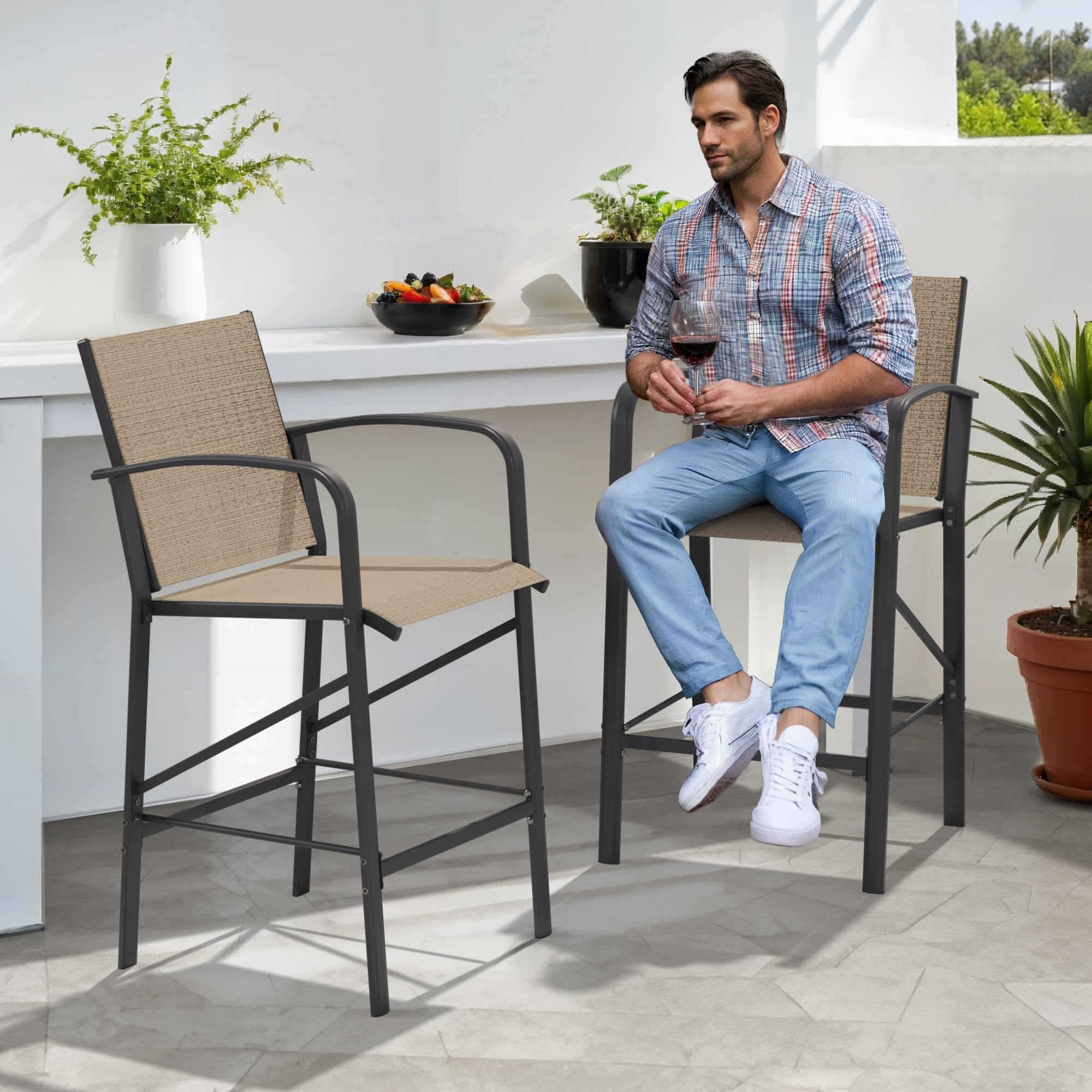 4-Piece Outdoor Bar Stools Set - Heavy Duty 300lb Capacity All-Weather Mesh Bar Height Chairs for Patio, Deck, Backyard & Poolside - Comfortable Brown Seating Furniture