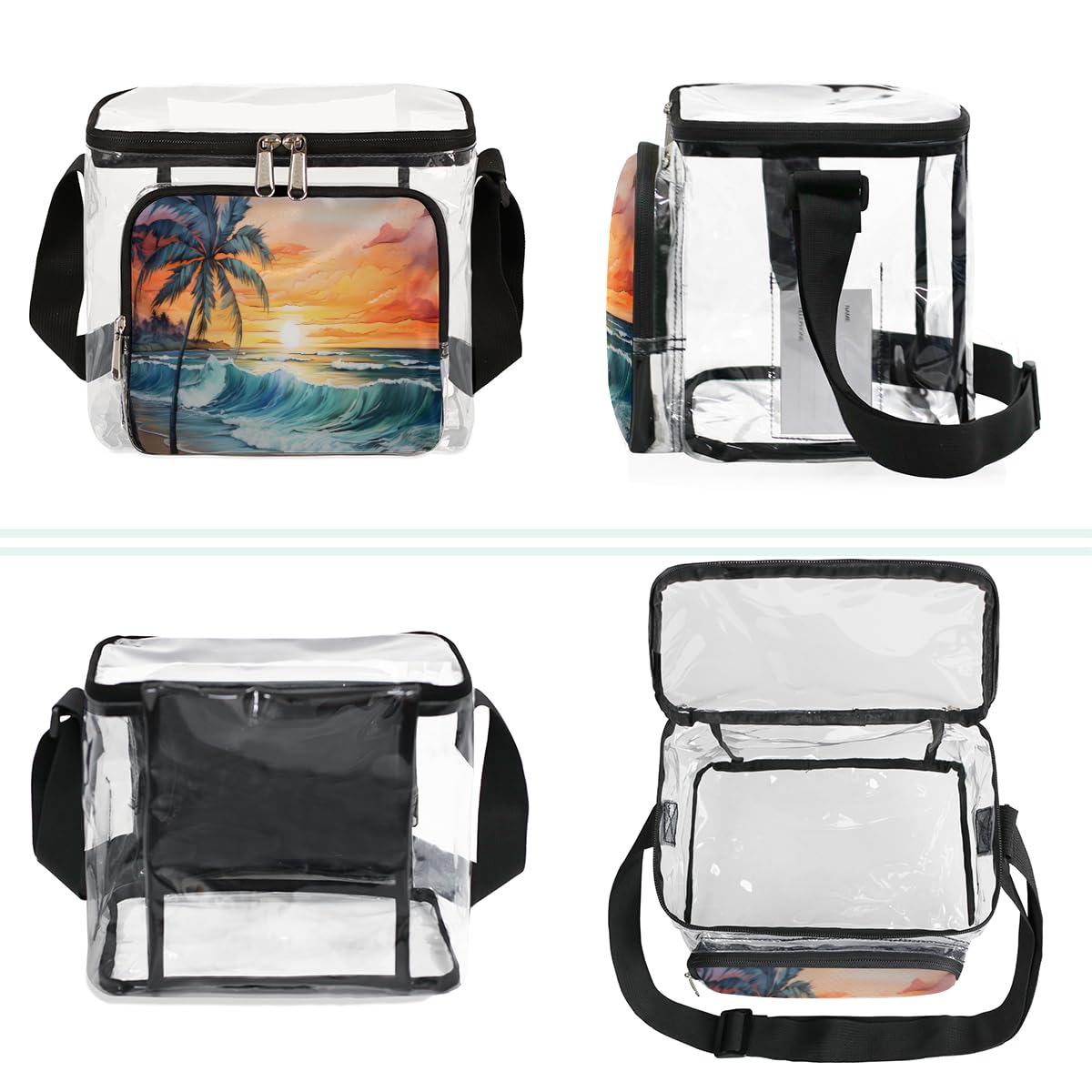 GzLeyigou Clear Tote Bag with Handles - Tropical Palm Tree Design Transparent Crossbody Shoulder Bag for Lunch, Beach, Travel | Stadium Approved for Concerts, Sports Events, Picnics & Outdoor Activities | Summer Sunset Theme Fashion Accessory