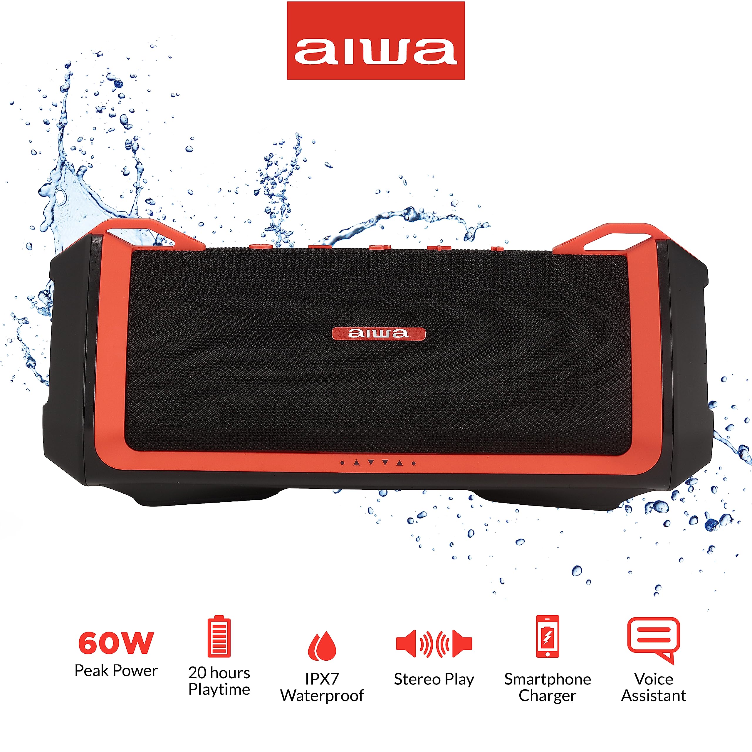 Aiwa Exos-3 Waterproof Bluetooth Speaker - 60W Peak Power, 20H Playtime, Stereo Sound with USB-C Fast Charging | IPX7 Waterproof & Wireless Pairing | Perfect for Pool Parties, Beach Outings, Camping & Outdoor Adventures