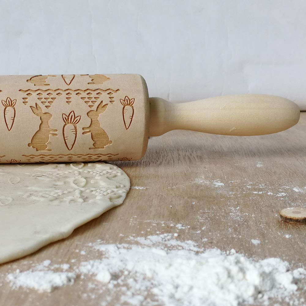 Easter Wooden Rolling Pin 14 Inch - Engraved Embossing Cookie Dough Roller for Biscuits, Pastry, and Baking - Chick and Flower Design - Perfect for Easter Cookies, Holiday Baking, and DIY Kitchen Crafts