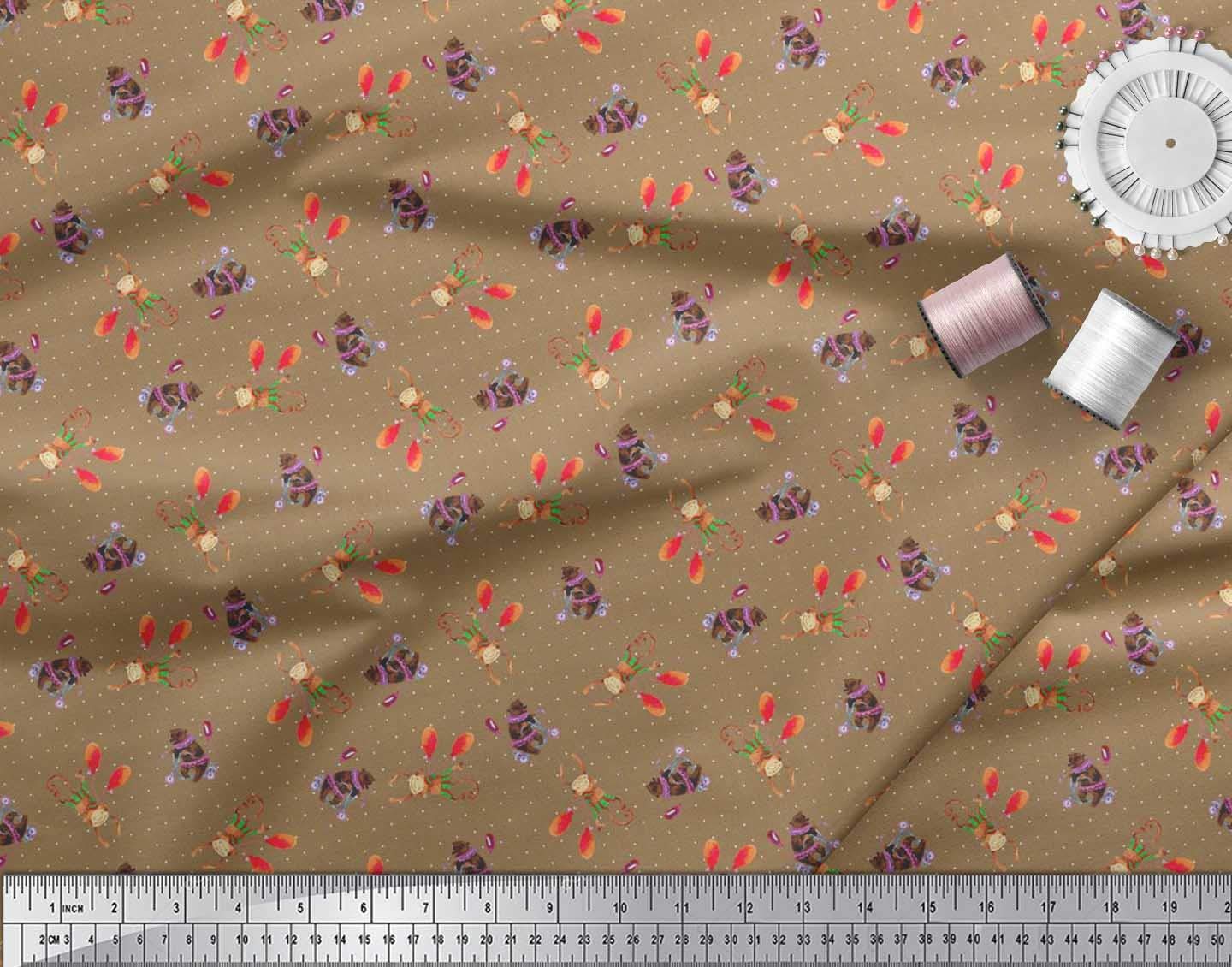 Soimoi 100% Cotton Voile Fabric - Brown Cartoon Print with Dots, Monkeys & Bears - 56 Inch Wide - Sold by The Yard - Perfect for DIY Crafts, Kids Clothing, Quilting & Home Decor