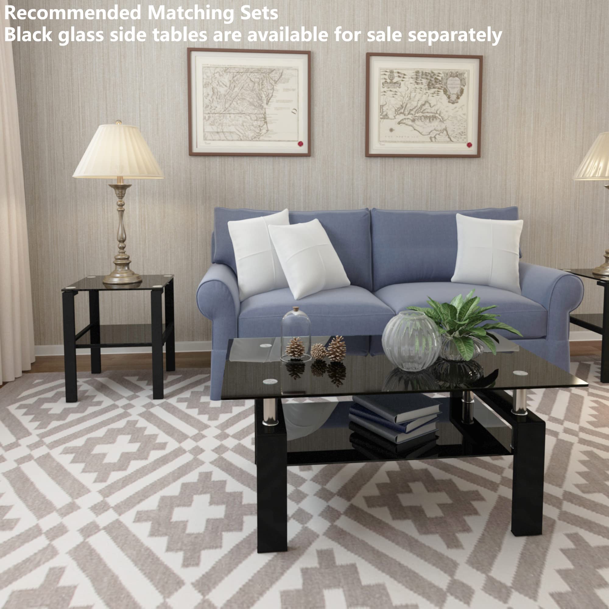 Modern Black Tempered Glass Coffee Table and End Tables Set - 3-Piece Square 2-Tier Living Room Furniture for Home Office | Perfect for Small Spaces, Apartments & Contemporary Decor