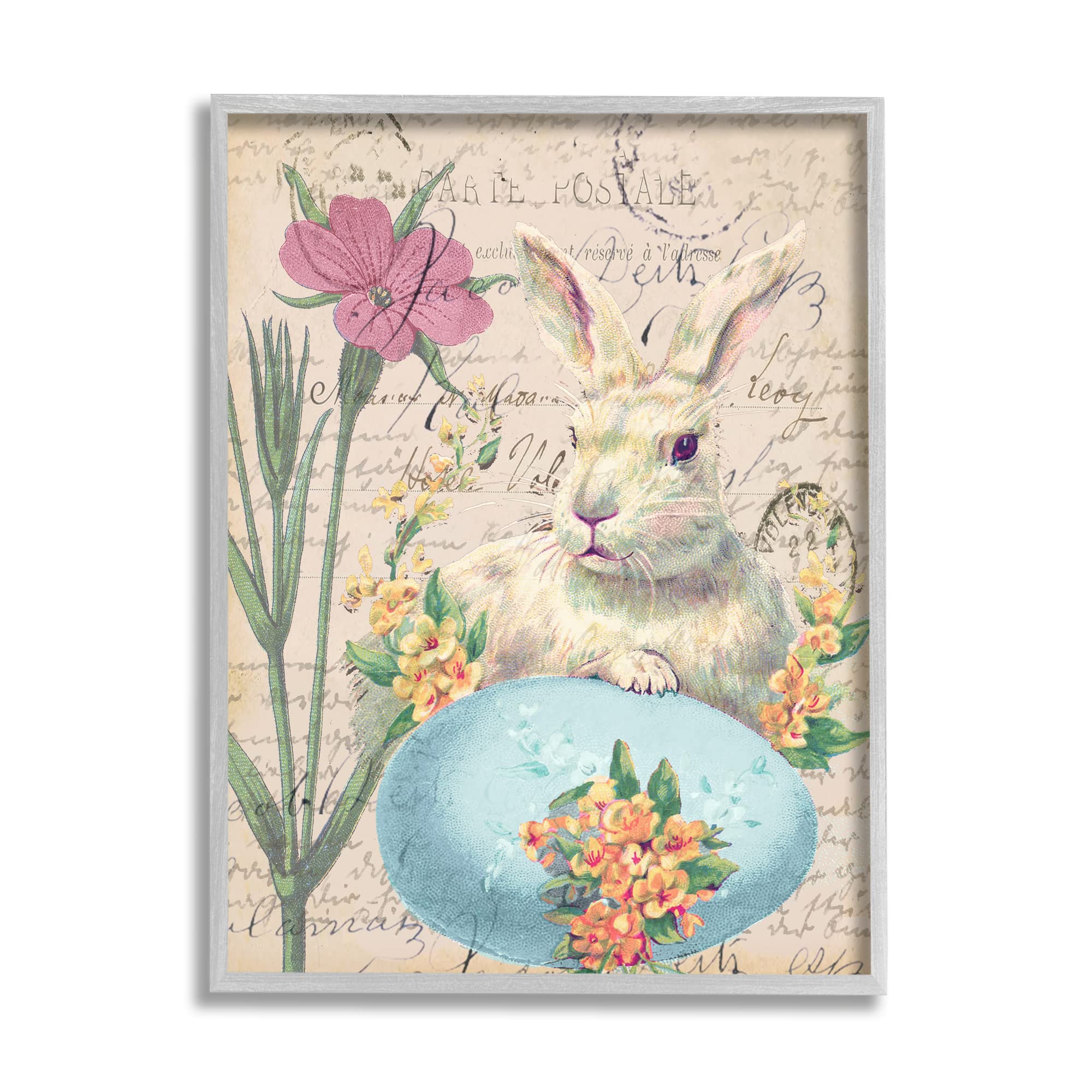 Stupell Industries Easter Bunny Spring Blue Egg Vintage Postal Script Wall Art - Gray Framed Home Decor 24