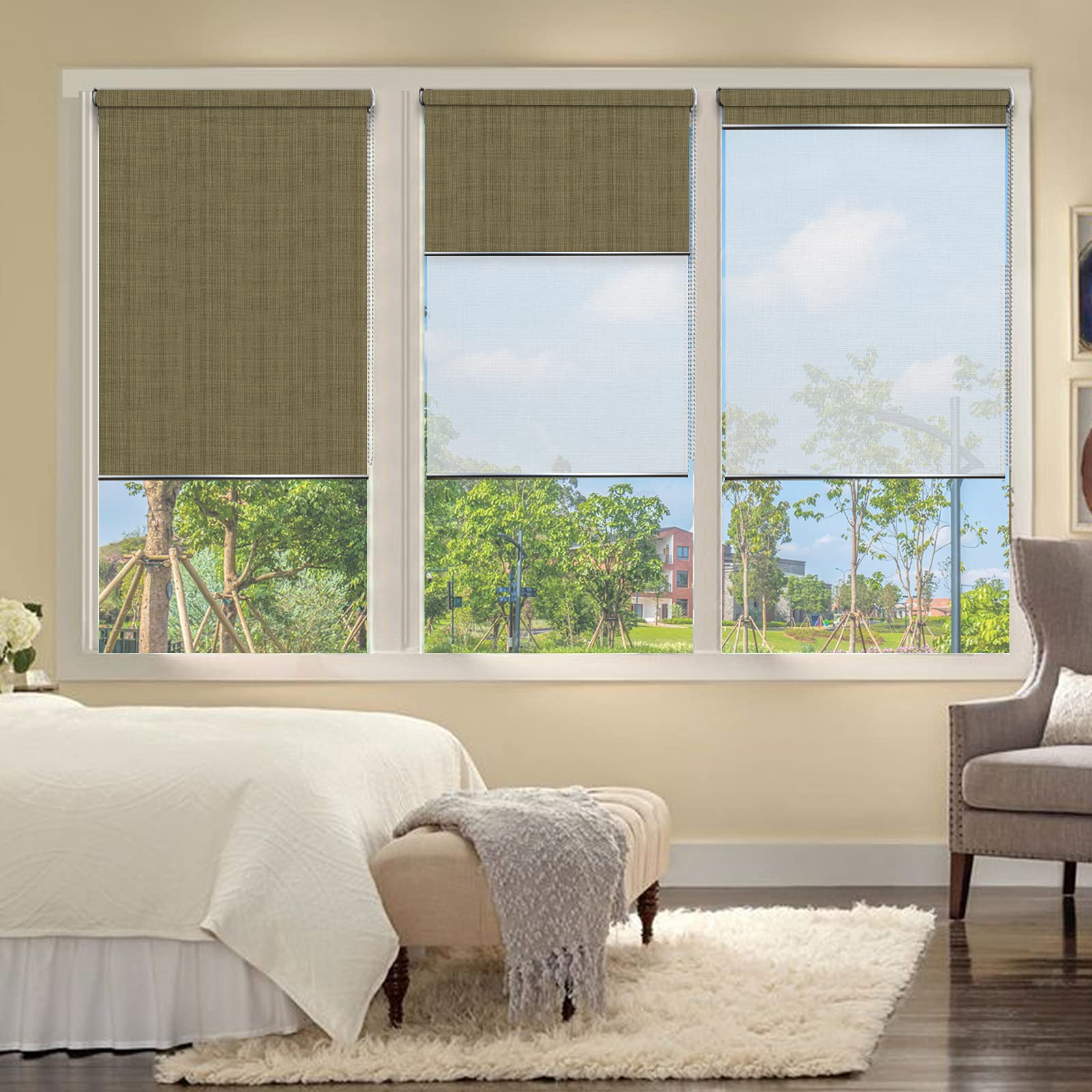 LETAU Double Layer Cordless Window Shades - 2 in 1 Blackout & Sheer Fabric Window Blinds for Multi Light Control | Olive Green | Perfect for Bedroom, Nursery & Home Office Privacy