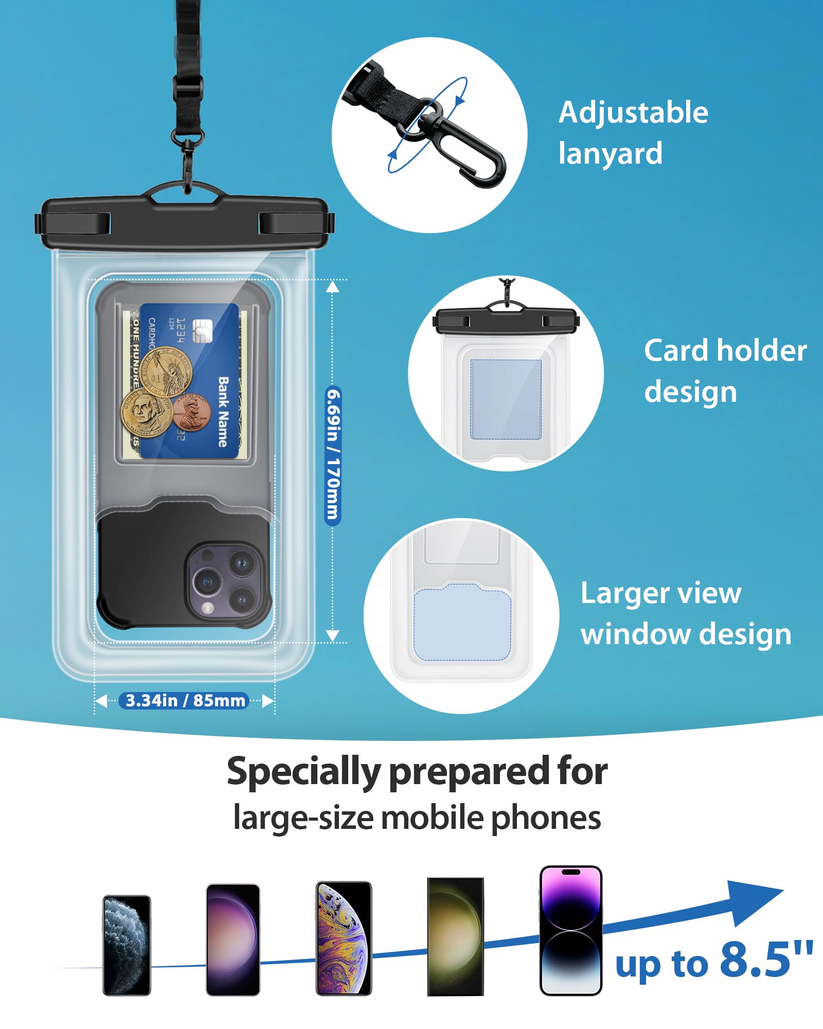 IPX8 Waterproof Phone Pouch with Floating Strap - Universal Waterproof Dry Bag Case for Swimming, Beach, Kayaking - Fits iPhone 15 14 13 12 11 Pro Max & Samsung S23 S22 A14 A71 (Up to 8.5