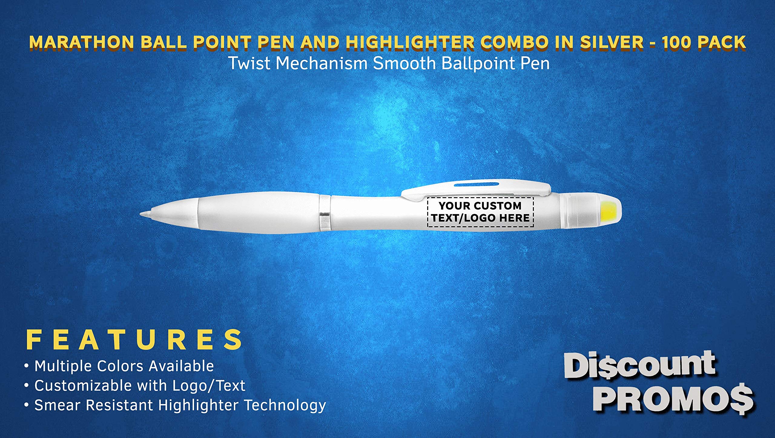 100 Pack Marathon Gel Highlighter Pens - Customizable Text & Logo - Twist Mechanism Ballpoint Pens - Silver - Perfect for Office, School, Study & Note Taking