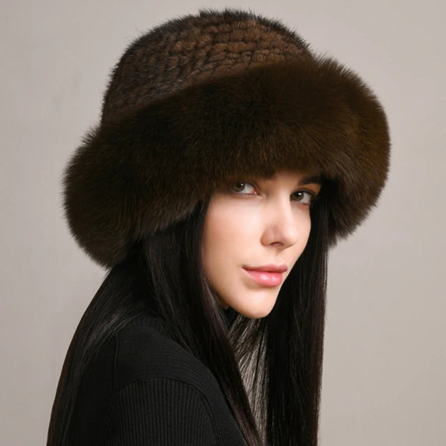 Luxury Handmade Knitted Mink Fur Hat with Real Fox Fur - Women's Winter Fashion Accessory for Cold Weather, Outdoor Activities & Holiday Gifts