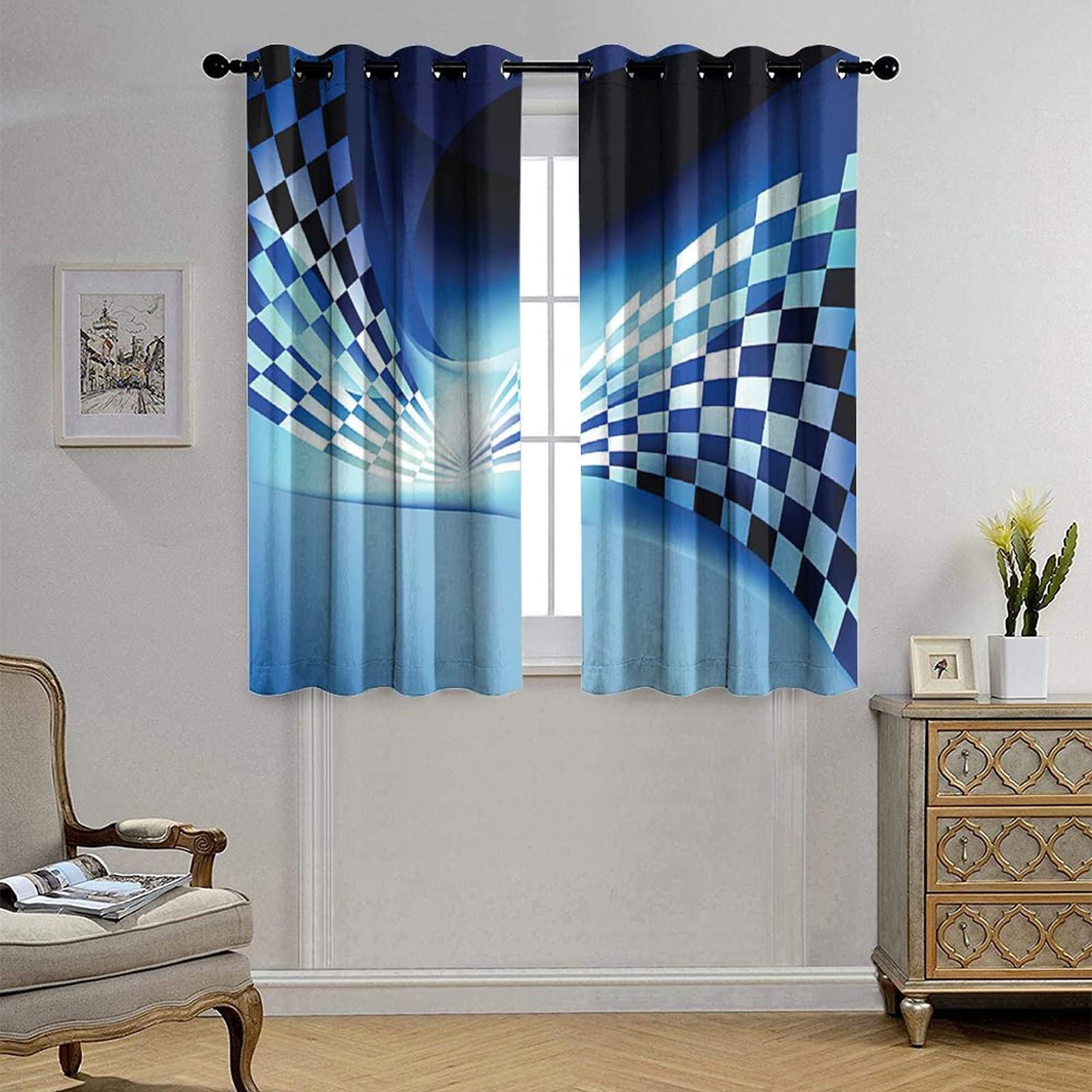 Race Car Flag Blackout Curtains - Thermal Insulated Noise Reducing Light Blocking Drapes, Abstract Blue Black White Checkered Design, 84