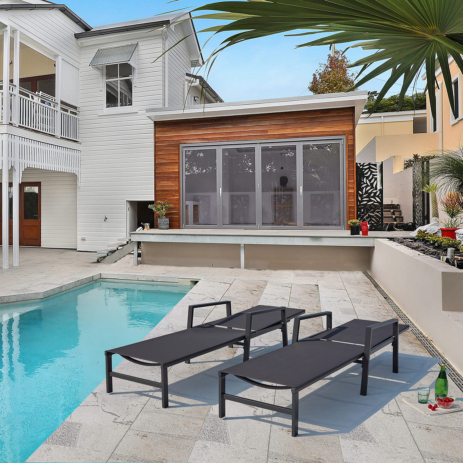 Premium Outdoor Patio Lounge Chair Set of 2 - Adjustable Aluminum Chaise Lounges with 5 Backrest Positions - Perfect for Backyard, Balcony, Poolside & Beach Relaxation (Black) - Ideal for Sunbathing, Lounging & Outdoor Entertaining