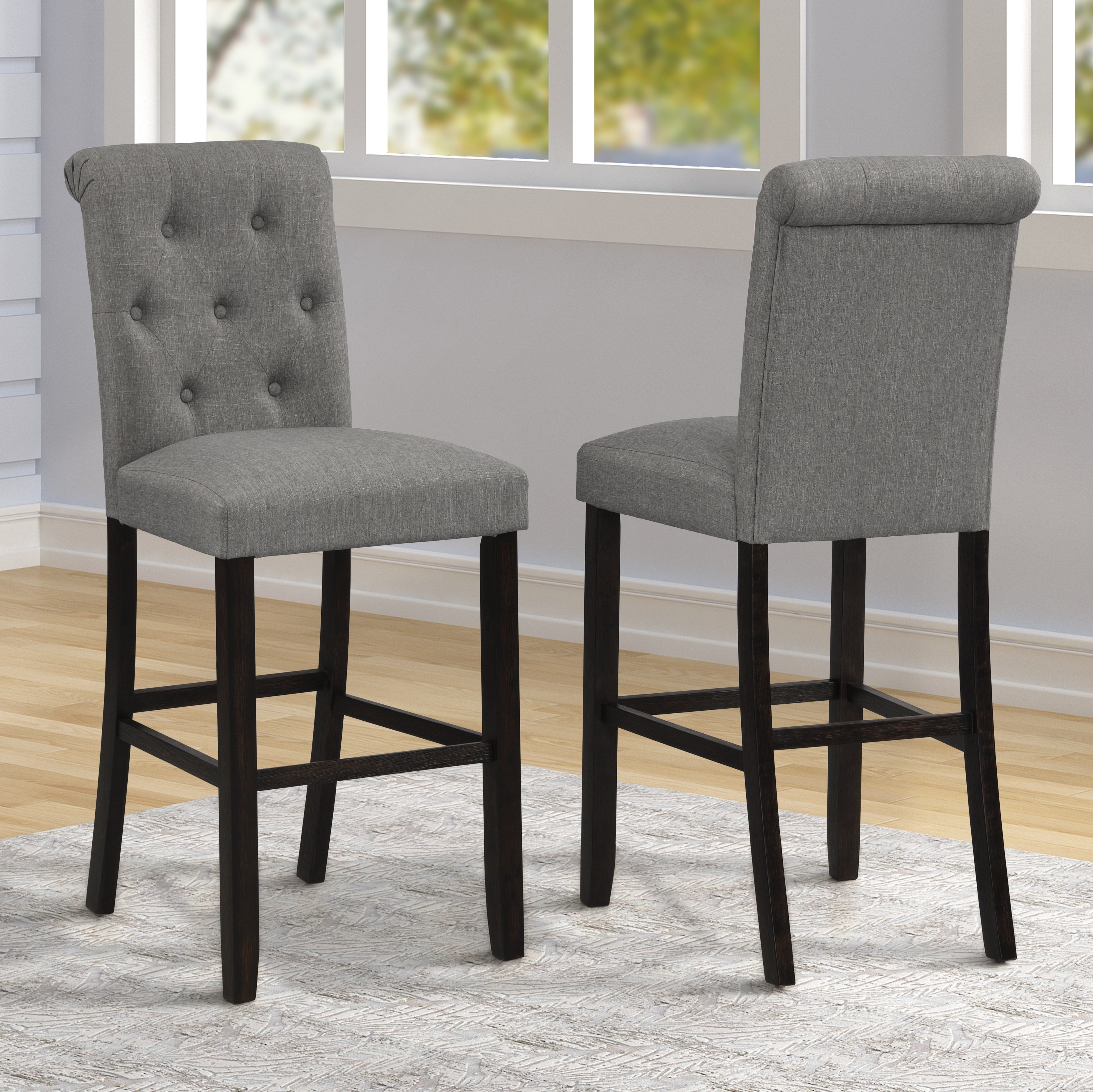 Roundhill Furniture Leviton Solid Wood Tufted Barstools, Grey - Set of 2 Counter Height Stools for Kitchen Island, Breakfast Bar & Home Decor