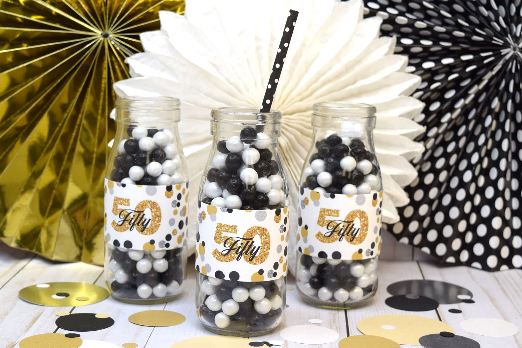 50th Birthday Party Waterproof Bottle Stickers - Confetti Polka Dot Wrap Around Labels for Anniversary Celebrations (20 Pack, 1.75