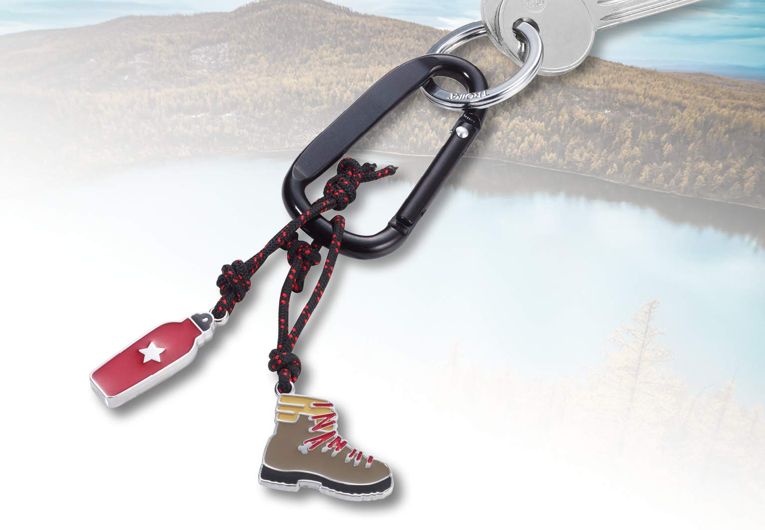 Troika WANDERFREUND KR19-6/BK Keychain with Snap Hook - 2 Charms (Hiking Boot & Water Bottle) on Decorative Climbing Rope - Durable Aluminum Carabiner Keyring for Hiking, Mountaineering, Backpacking & Outdoor Adventures - Perfect for Camping Gear, Travel Accessories & Gift Ideas