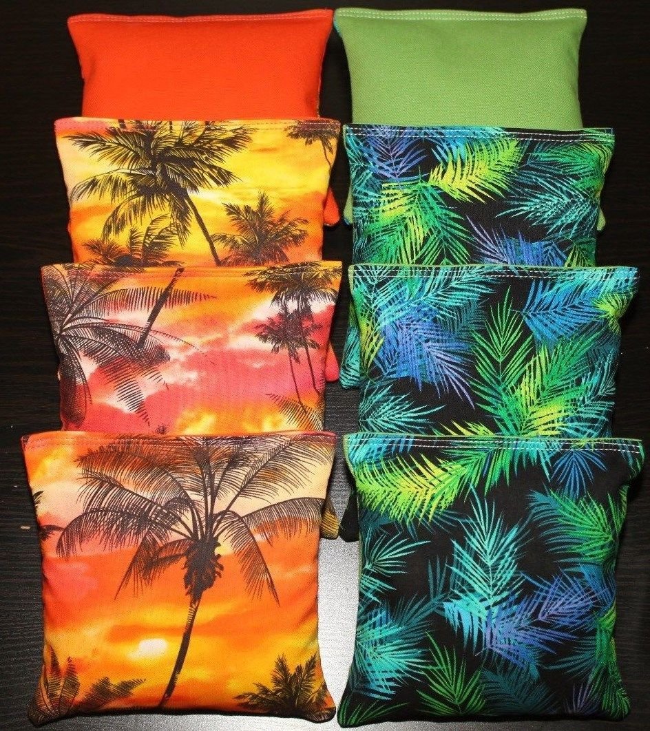Premium Regulation Cornhole Bean Bags Set - 8 Tropical Island Paradise Beach Themed Toss Bags with Palm Trees & Sunset Design | Perfect for Backyard Games, Beach Parties, Tailgating & Outdoor Events