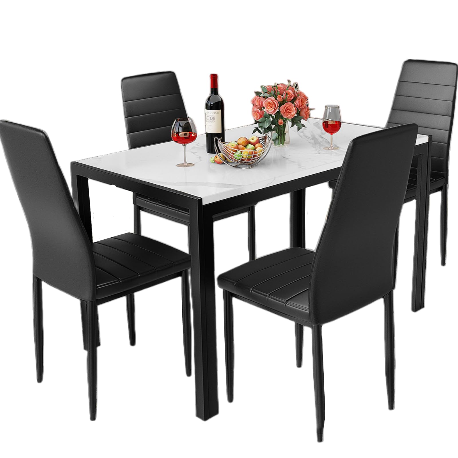 5-Piece Dining Table Set for 4 with Faux Marble Top & 4 PU Leather Chairs - Modern Kitchen & Dining Room Furniture for Small Spaces, Family Meals & Entertaining Guests