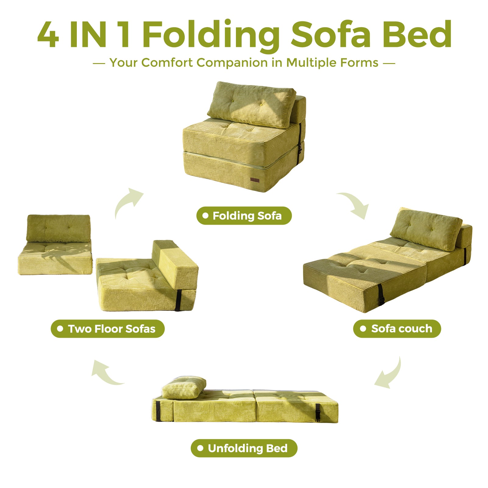 MAXYOYO Folding Sofa Bed - Convertible Sleeper Sofa with High Density Support Foam for Living Room, Bedroom & Small Spaces | Comfortable Guest Bed | Green