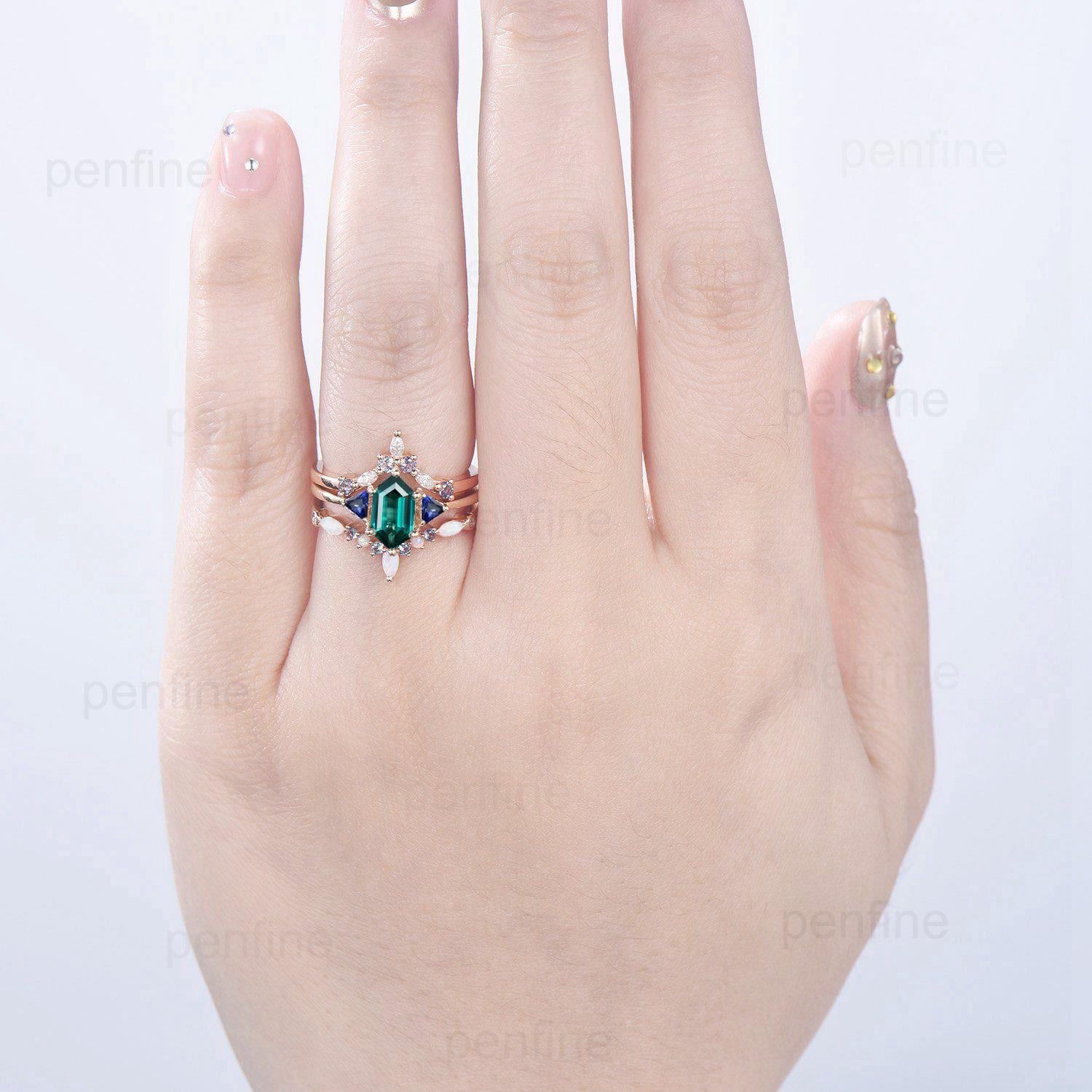 3pcs Vintage Long Hexagon Emerald Engagement Ring Set with Blue Sapphire & Alexandrite Opal - Three Stone Trillion Wedding Band Stacking Bridal Jewelry for Women - Perfect for Proposals, Anniversaries & Special Occasions