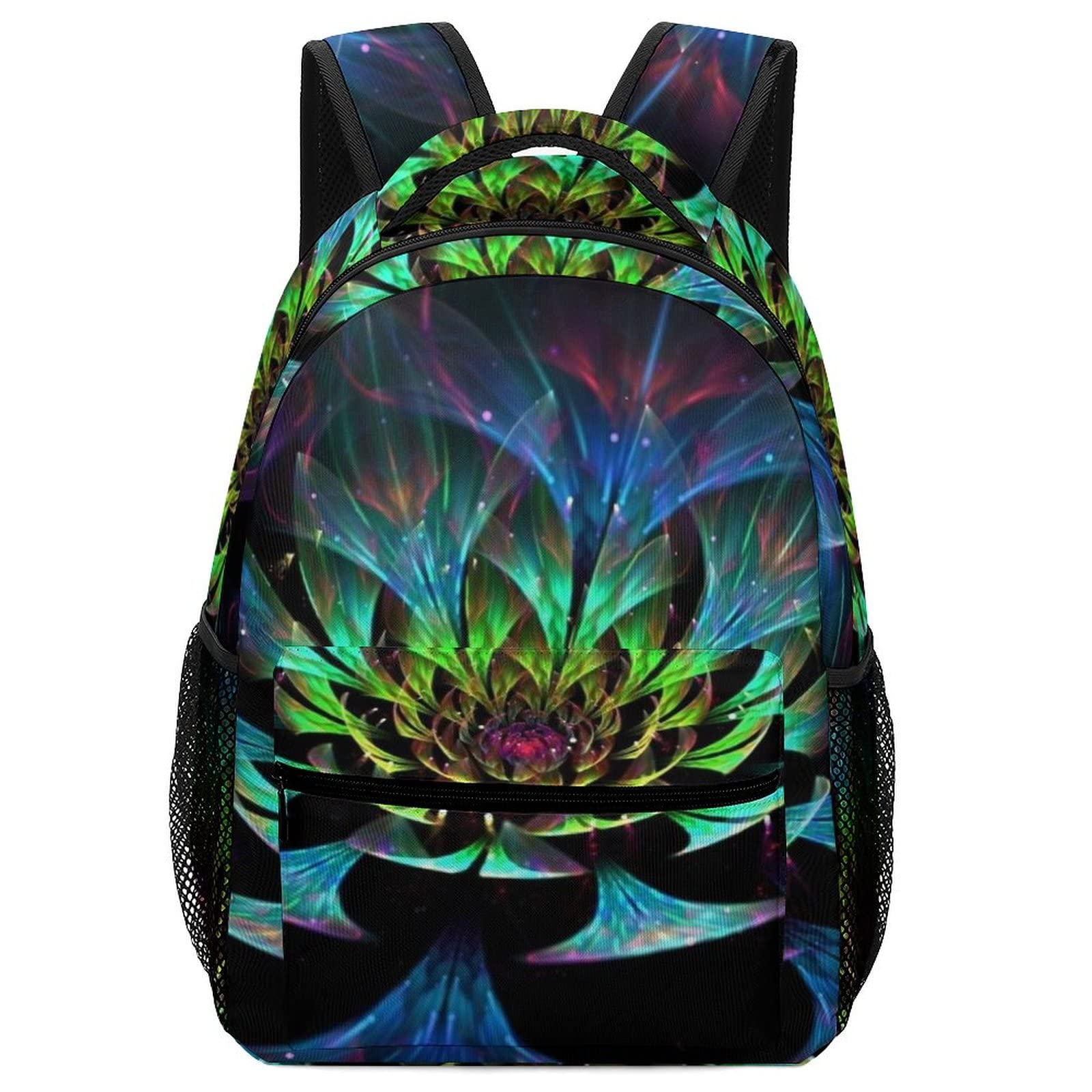 Funny Trippy Lotus Floral Backpack for Boys & Girls - Lightweight Polyester School & College Laptop Bag with Book & Bottle Pockets - Perfect for Middle School, Travel & Daily Use