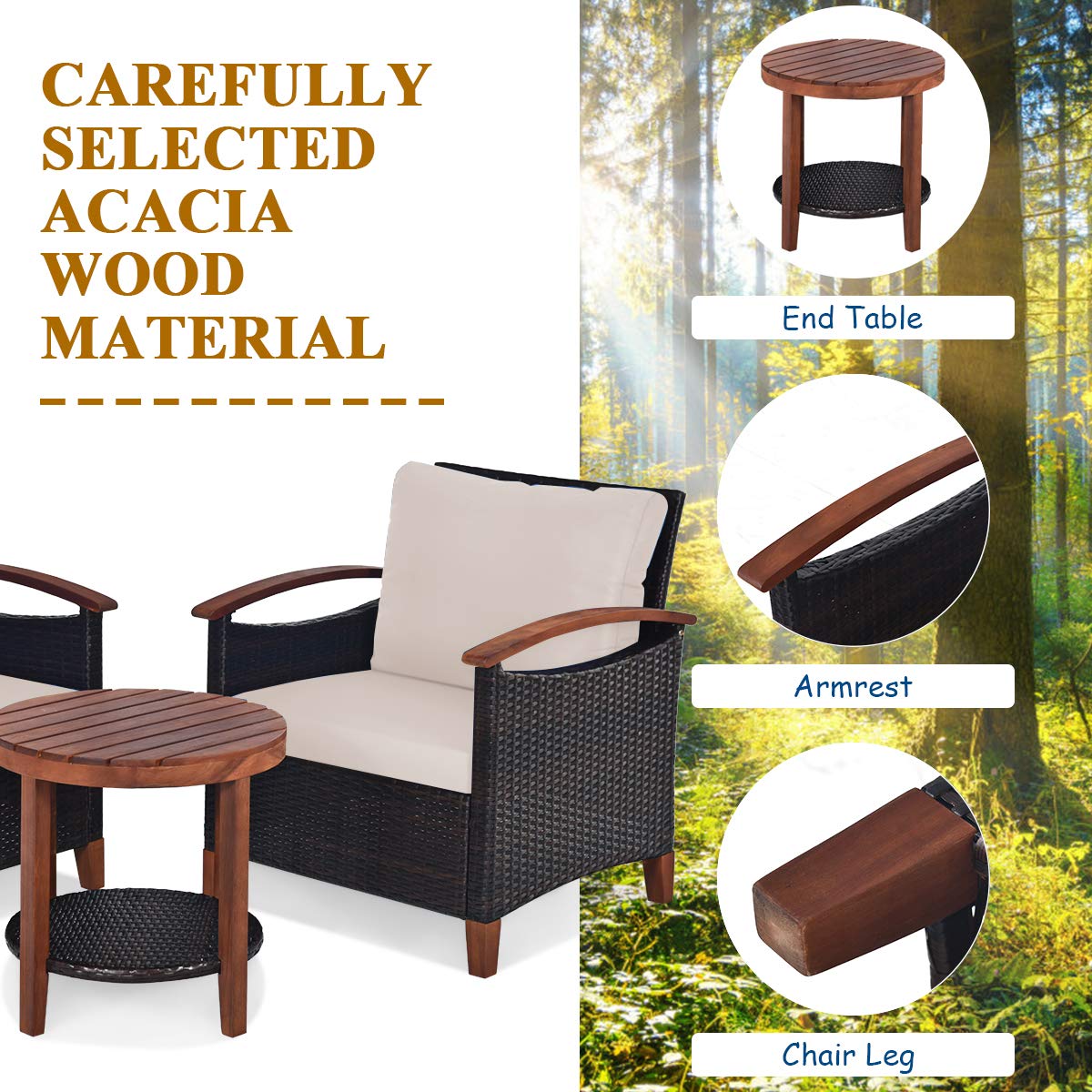 3-Piece Patio Furniture Set - Outdoor Rattan Sofa with Washable Cushions & Acacia Wood Coffee Table - Weather-Resistant Wicker Conversation Set for Garden, Poolside, Balcony or Backyard (Beige) - Perfect for Outdoor Relaxation & Entertaining