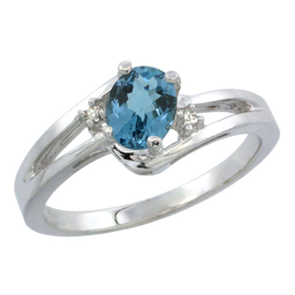 10K White Gold Natural London Blue Topaz & Diamond Ring | Oval 6x4mm | Sizes 5-10 | Elegant Engagement, Anniversary & Gift Jewelry for Women