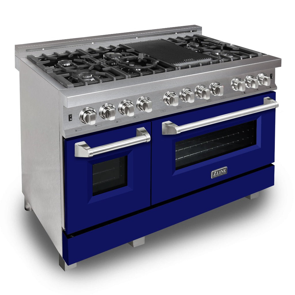 ZLINE 48-Inch 6.0 cu. ft. Dual Fuel Range with 7-Burner Gas Cooktop & 2 Electric Ovens - Satin Stainless Steel with Blue Matte Doors (RAS BM 48) | Professional Kitchen Appliance for Home Chefs & Cooking Enthusiasts