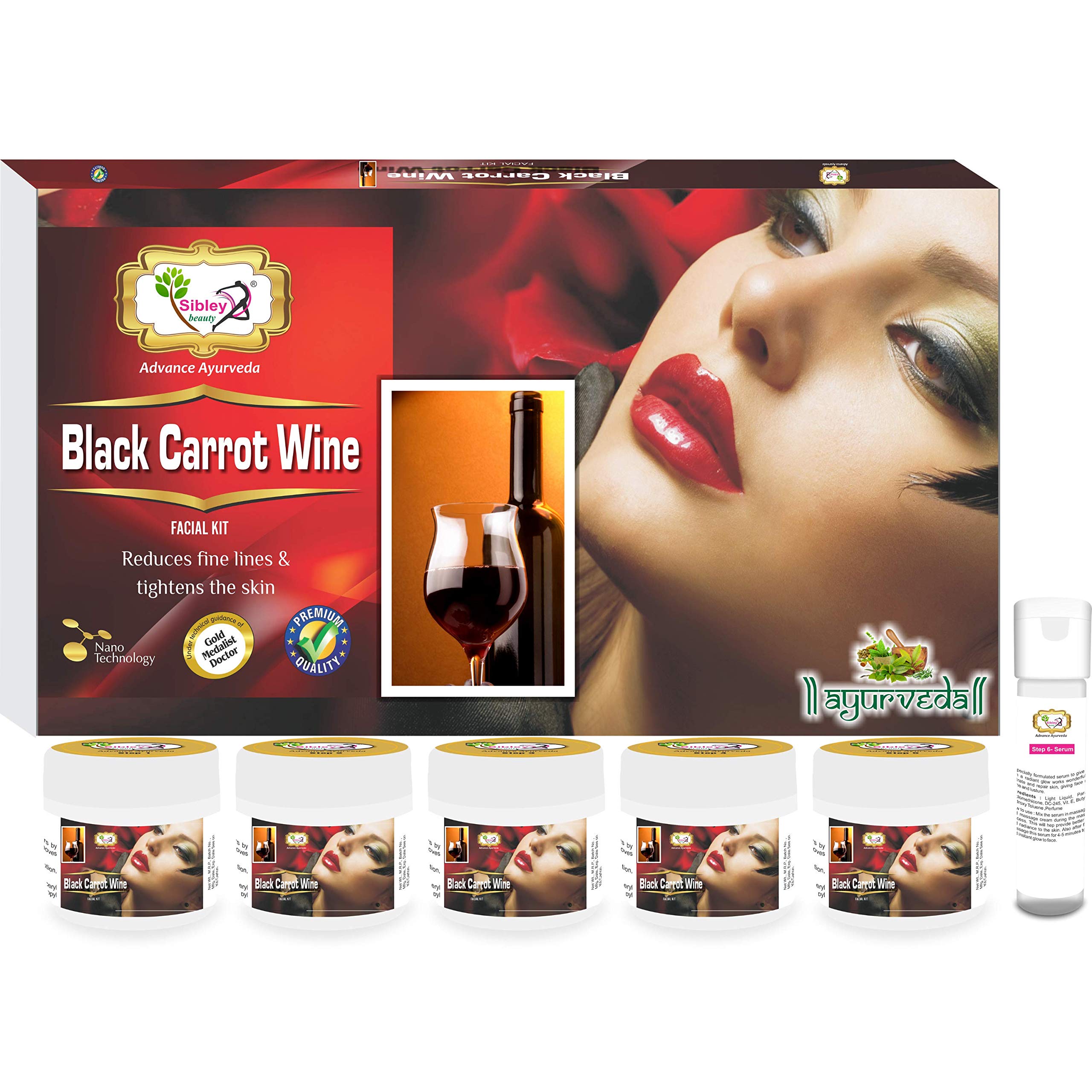 **Sibley Beauty Facial Kit - Wine Facial Kit (155g + 10ml Serum) Pack of 6 + Neem Tulsi Tea Tree Oil Acne Face Wash (100ml) for Men & Women - Normal, Oily, Dry & Combination Skin - Deep Cleansing & Glow Boost for Daily Skincare Routine**