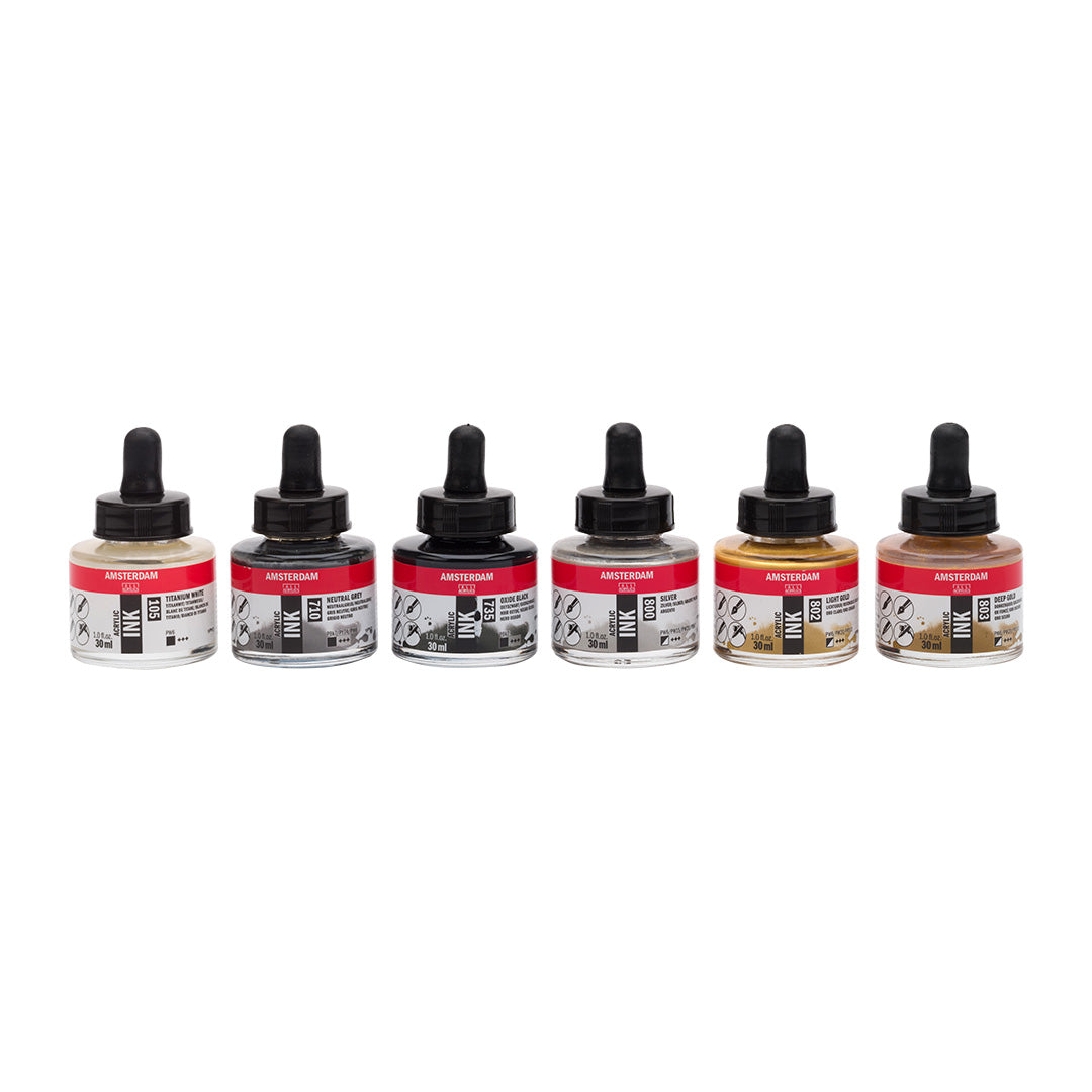 Amsterdam All Acrylics Acrylic Ink Set - 6 Vibrant Colors (30ml Each) for Calligraphy, Hand Lettering & DIY Art Projects - Perfect for Artists, Beginners & Craft Enthusiasts