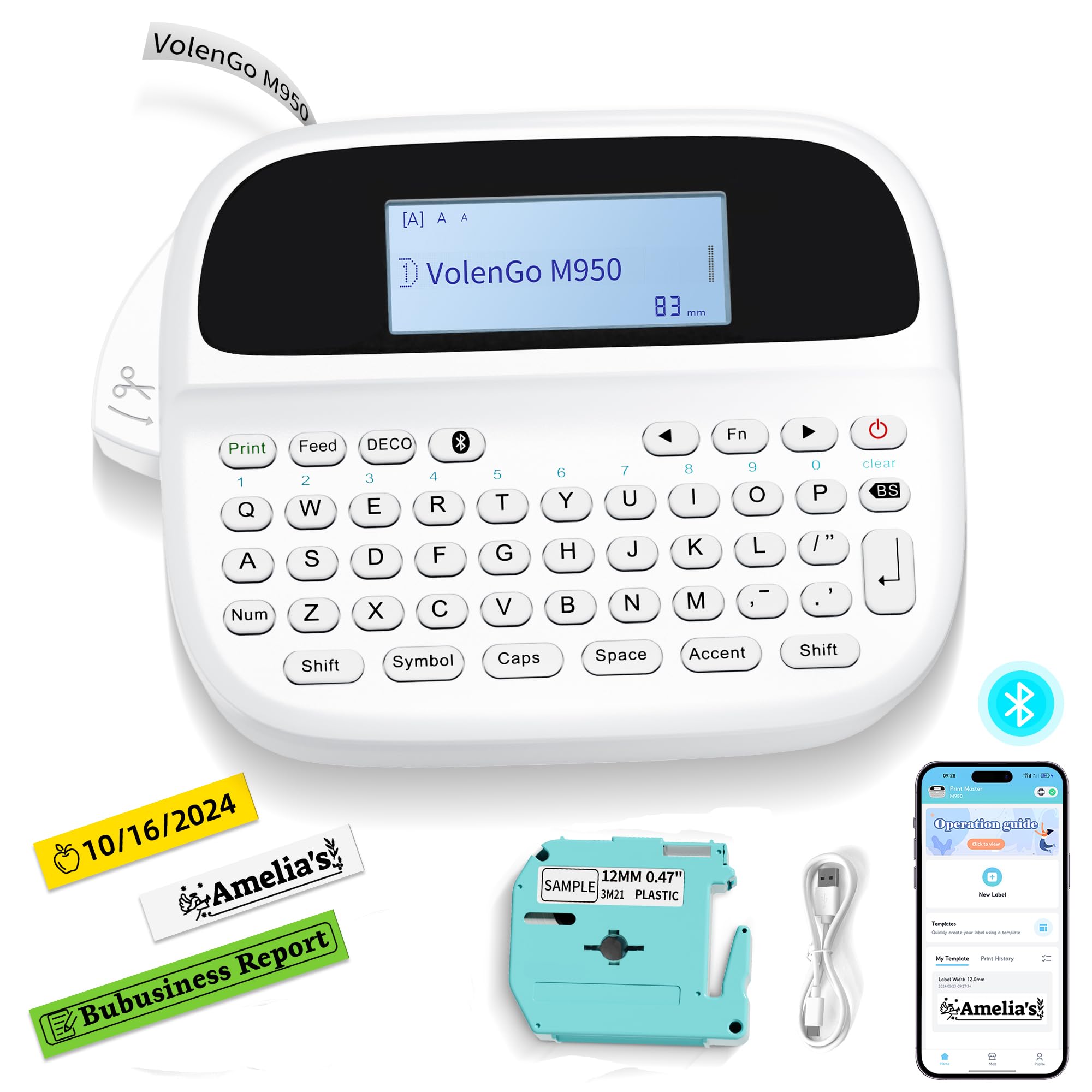 M950 Ptouch Label Maker Machine - Rechargeable Portable Bluetooth Label Printer with 12mm White Tapes | Backlit Inkless Labeling for Office, School, Home & Organization | Perfect for File Folders, Storage Boxes & Cable Management