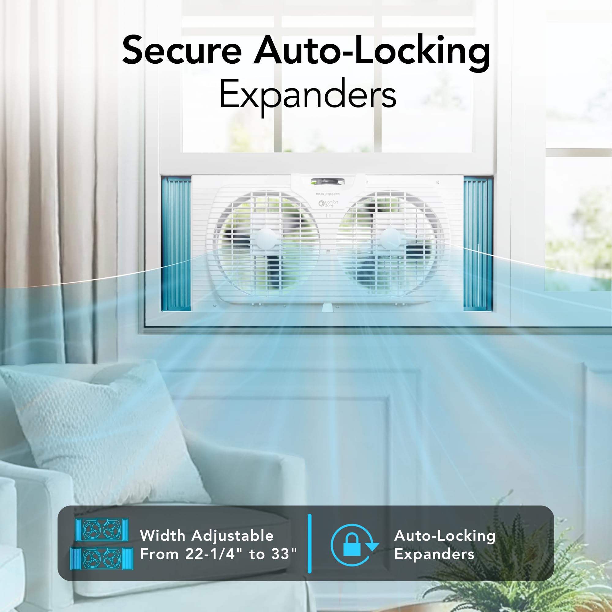 9 Inch 3 Speed Dual Window Fan with Auto-Locking Expanders - Quiet Bedroom Cooling Fan with Removable Bug Screen - White - Perfect for Home, Office & Dorm Room Ventilation