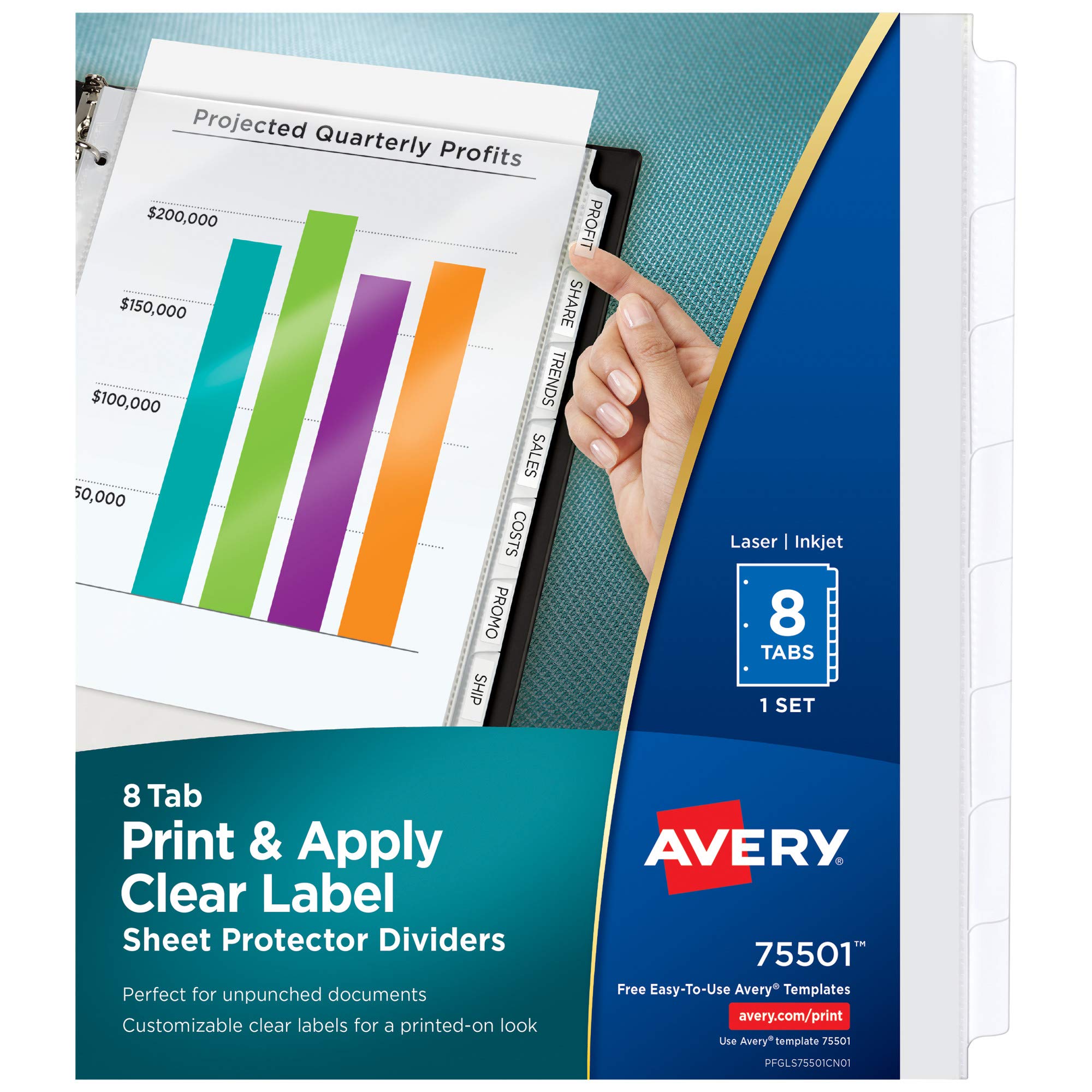 Avery 8-Tab Sheet Protector Dividers with Printable Easy Peel Clear Labels - White Tabs Index Maker Set (75501) for Office Organization, School Binders & Document Filing