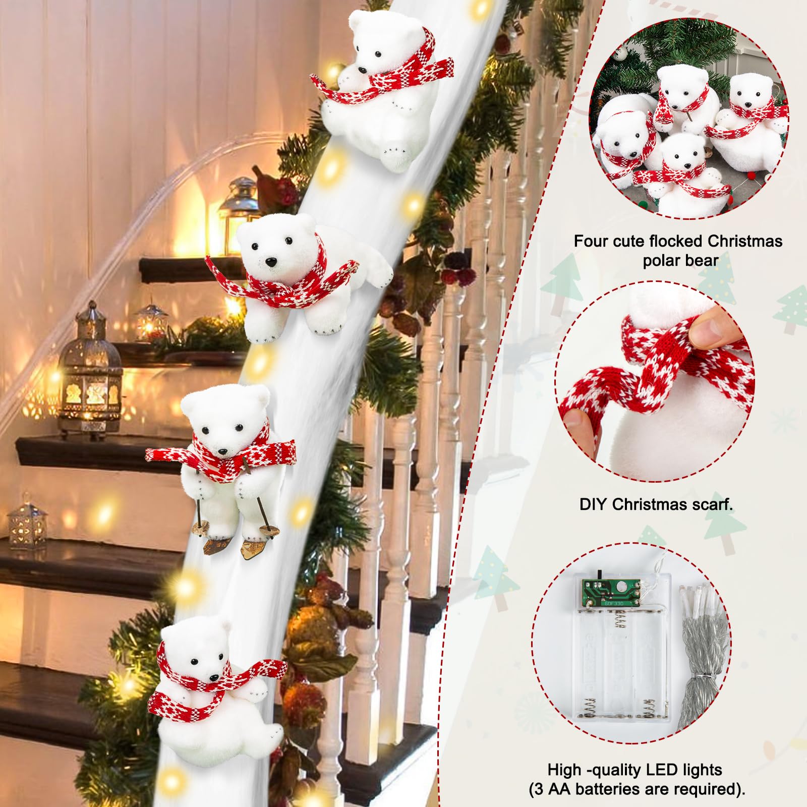 Polar Bear Christmas Staircase Decorations Set - 4PCS Skiing Polar Bears with Artificial Snow & LED Lights for Holiday Stair Decor | Indoor Home Christmas Decor for Staircase, Banister, and Entryway