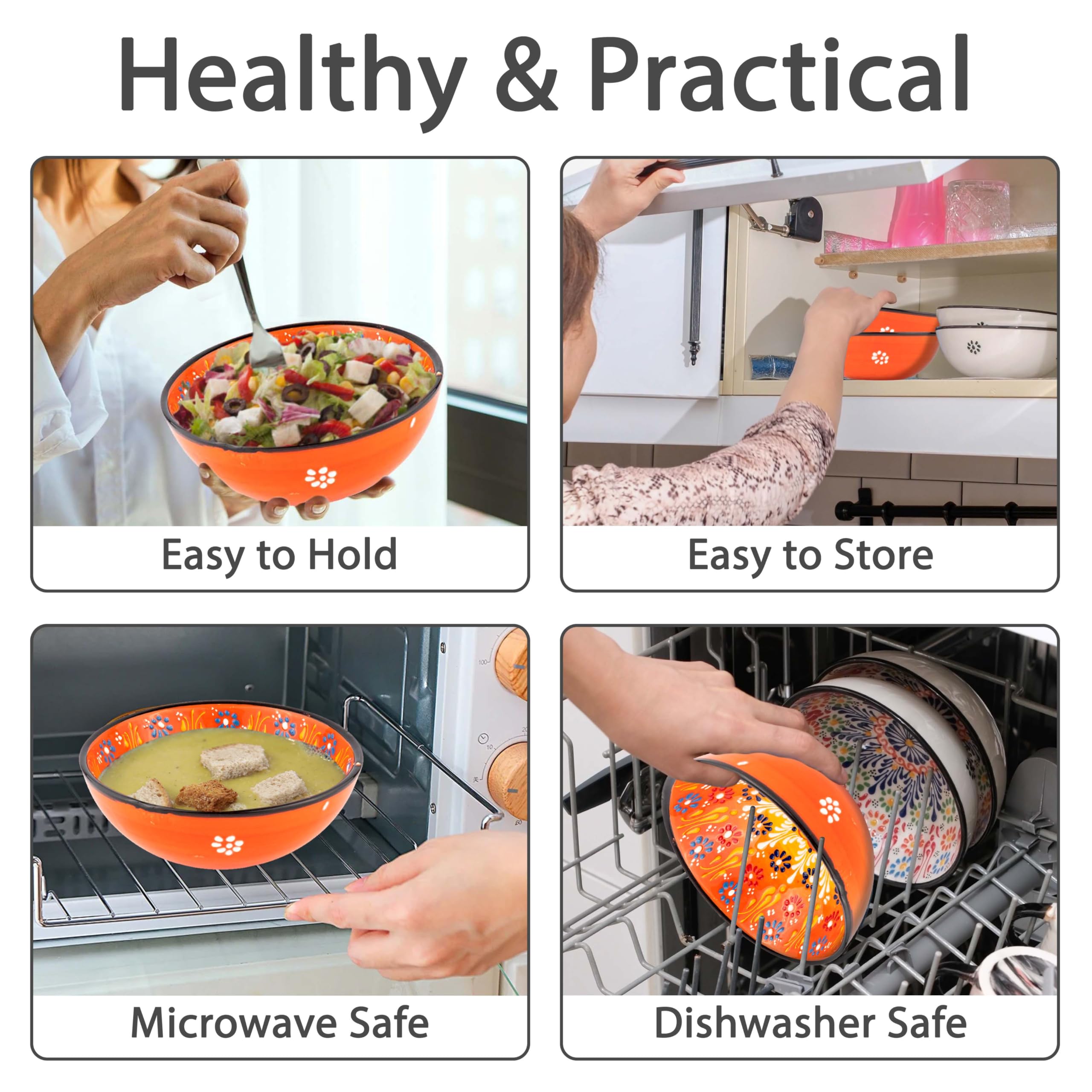 Handmade Ceramic Serving Bowls Set of 2 - 20oz Microwave & Dishwasher Safe Rice & Cereal Bowls - Colorful Snack Bowls for Breakfast, Soup, Salad & Dessert (Tangerine)